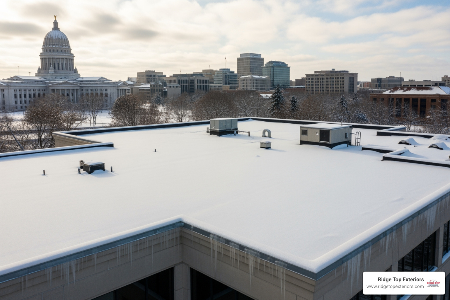 Snow-covered flat roof in Madison, WI - rubber roofing madison wi Snow-covered flat roof in Madison, WI - rubber roofing madison wi