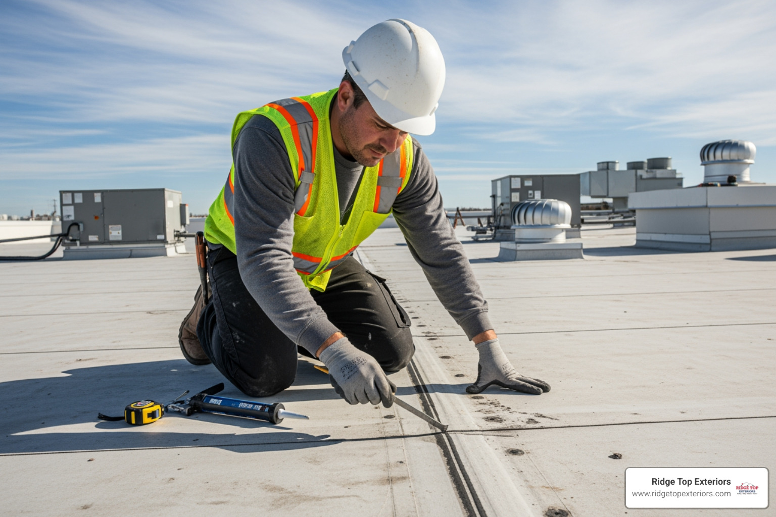 Roofing contractor inspecting a low-slope roof - rubber roofing madison wi Roofing contractor inspecting a low-slope roof - rubber roofing madison wi