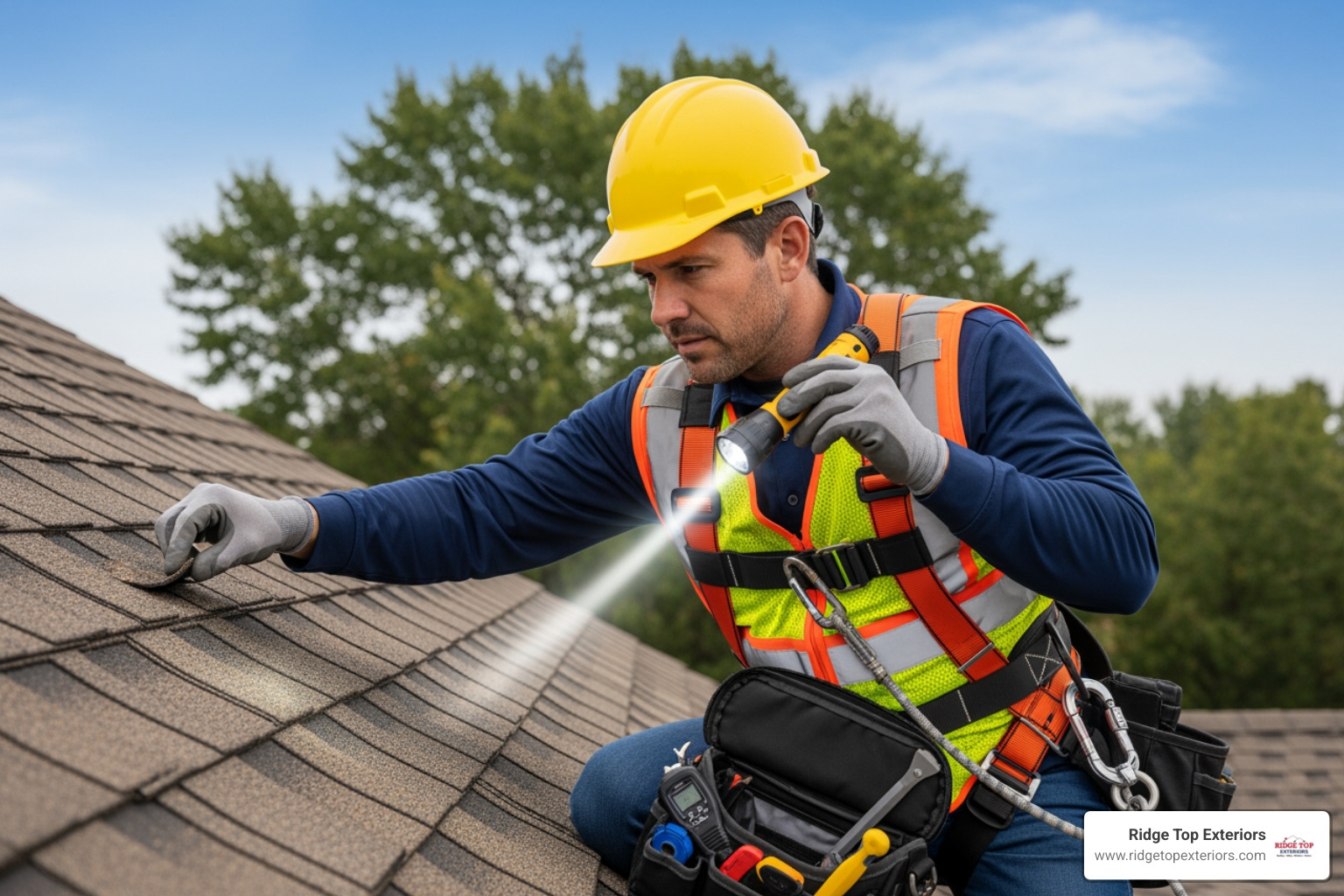 certified inspector examining a roof with proper safety gear - roof inspection clearwater certified inspector examining a roof with proper safety gear - roof inspection clearwater