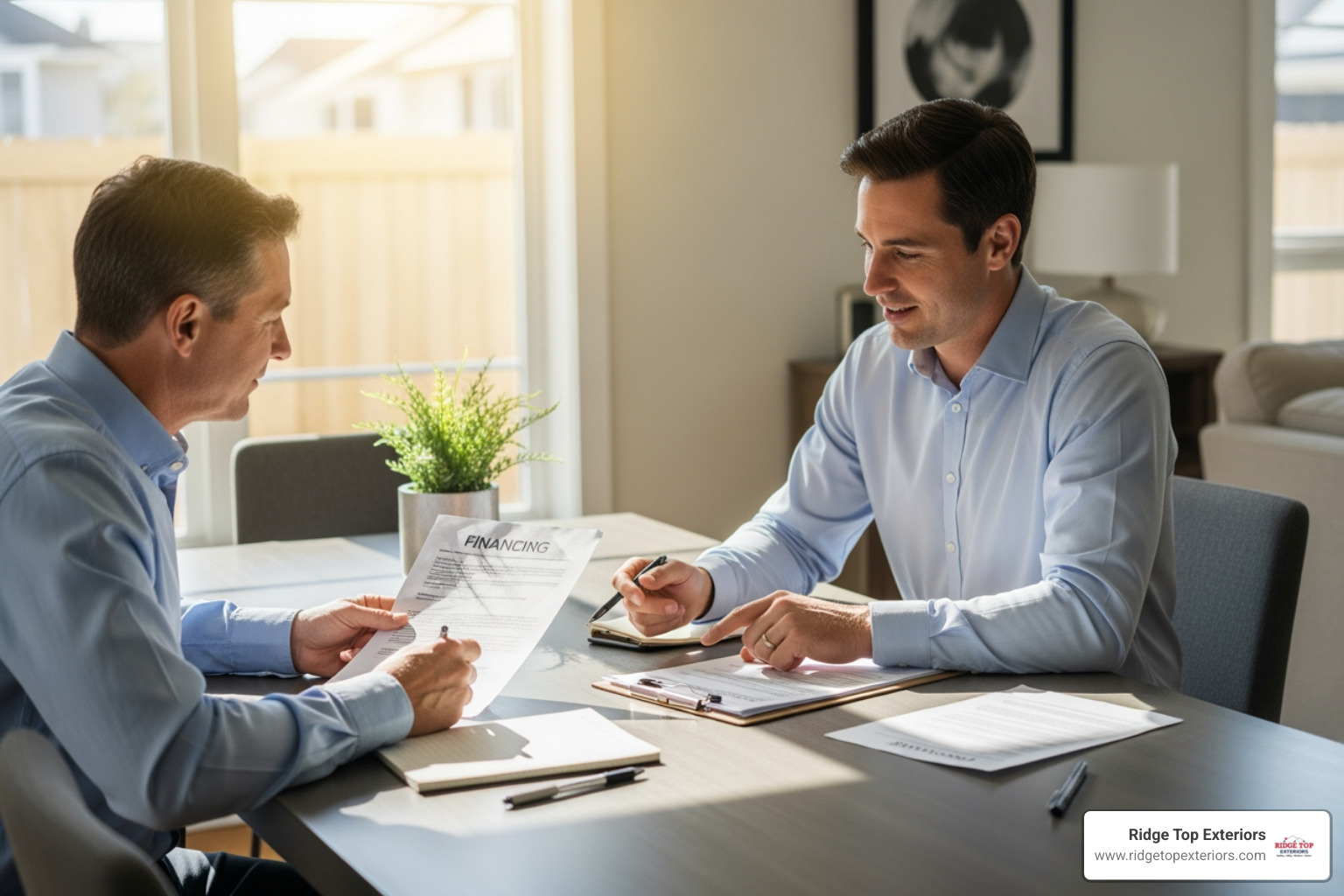 A homeowner and a contractor sit at a table, reviewing financing paperwork and discussing options. - Window replacement financing options A homeowner and a contractor sit at a table, reviewing financing paperwork and discussing options. - Window replacement financing options