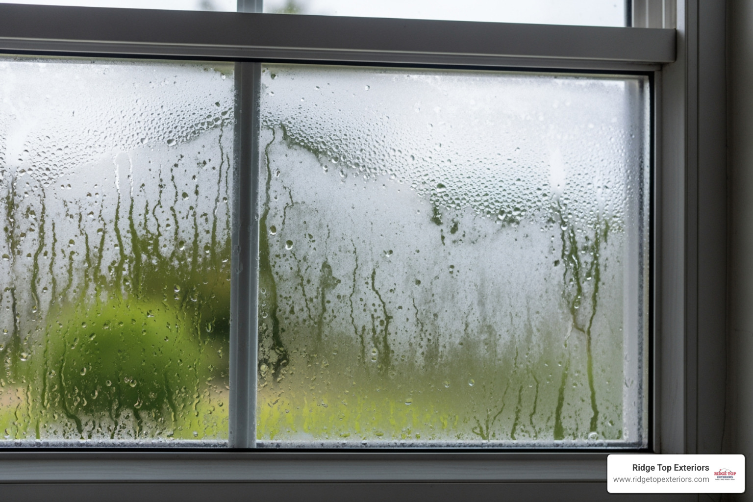 A close-up image of a double-pane window with visible condensation trapped between the two glass panes, indicating a seal failure. The condensation creates a hazy, obstructed view. The frame is a neutral color. - Window replacement Verona WI A close-up image of a double-pane window with visible condensation trapped between the two glass panes, indicating a seal failure. The condensation creates a hazy, obstructed view. The frame is a neutral color. - Window replacement Verona WI
