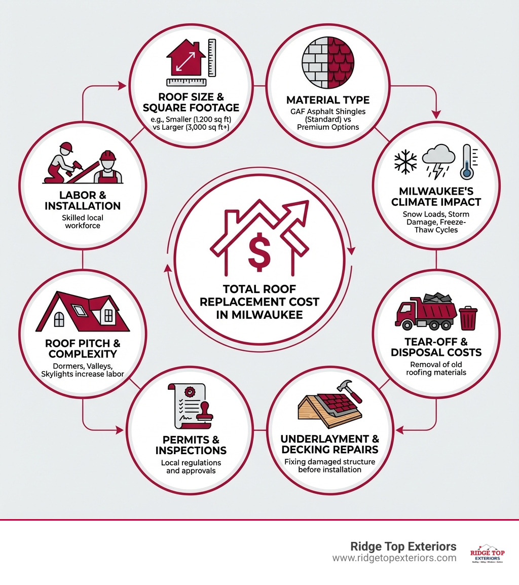 Infographic showing the key factors that determine roof replacement cost in Milwaukee: roof size and square footage, material type (GAF asphalt shingles vs premium options), roof pitch and complexity (dormers, valleys, skylights), tear-off and disposal costs, permits and inspections, underlayment and decking repairs, labor and installation, and Milwaukee's climate impact (snow loads, storm damage, freeze-thaw cycles) - How Much Does Roofing Cost In Milwaukee? infographic 