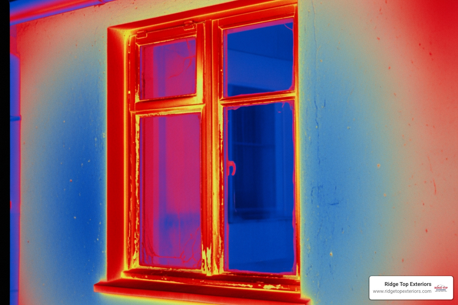 Thermal camera image showing heat escaping from around an old, inefficient window frame, highlighting cold spots and energy loss - Window Replacement Thermal camera image showing heat escaping from around an old, inefficient window frame, highlighting cold spots and energy loss - Window Replacement