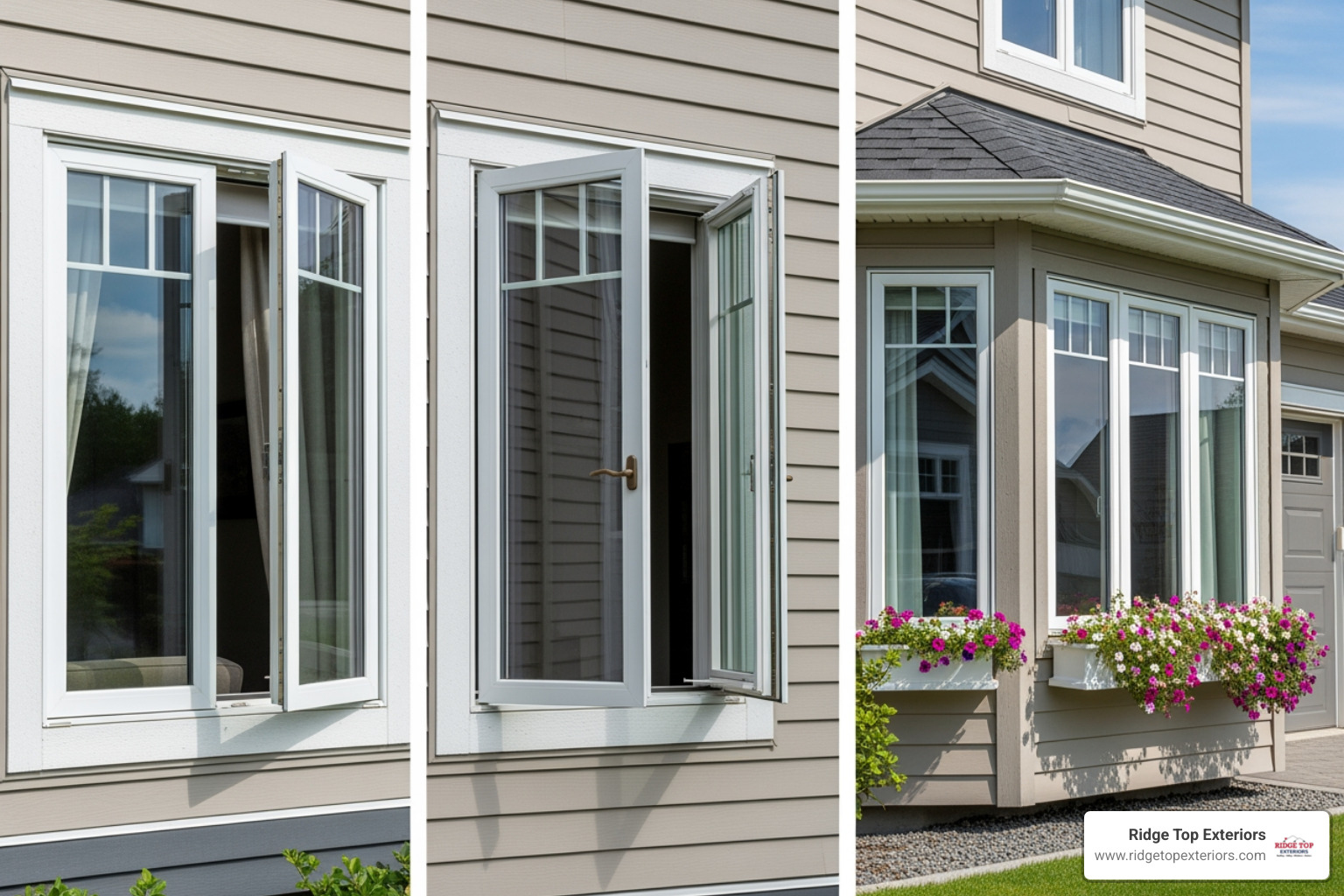 Image showcasing various window styles: a double-hung window with both sashes open, a casement window cranked outward, and a bay window extending from a house, highlighting different designs and functionalities - Window Replacement Image showcasing various window styles: a double-hung window with both sashes open, a casement window cranked outward, and a bay window extending from a house, highlighting different designs and functionalities - Window Replacement