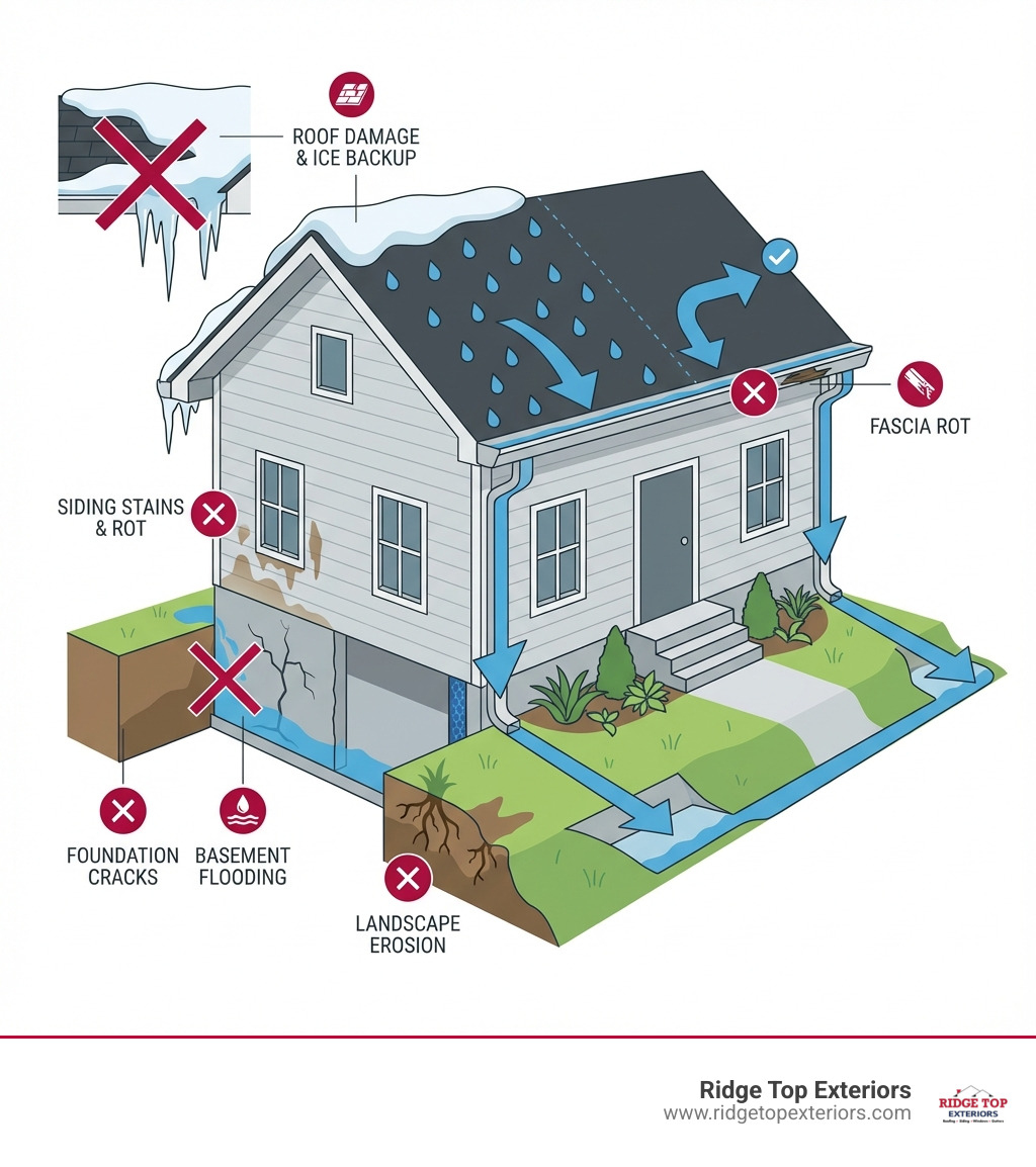 Infographic showing how gutters protect a home: arrows directing rainwater away from the foundation, roof protected from ice backup, siding shielded from water stains, and landscape preserved from erosion; includes icons for foundation cracks, basement flooding, roof damage, and fascia rot with red X marks showing what gutters prevent - Affordable gutter Madison WI infographic Infographic showing how gutters protect a home: arrows directing rainwater away from the foundation, roof protected from ice backup, siding shielded from water stains, and landscape preserved from erosion; includes icons for foundation cracks, basement flooding, roof damage, and fascia rot with red X marks showing what gutters prevent - Affordable gutter Madison WI infographic