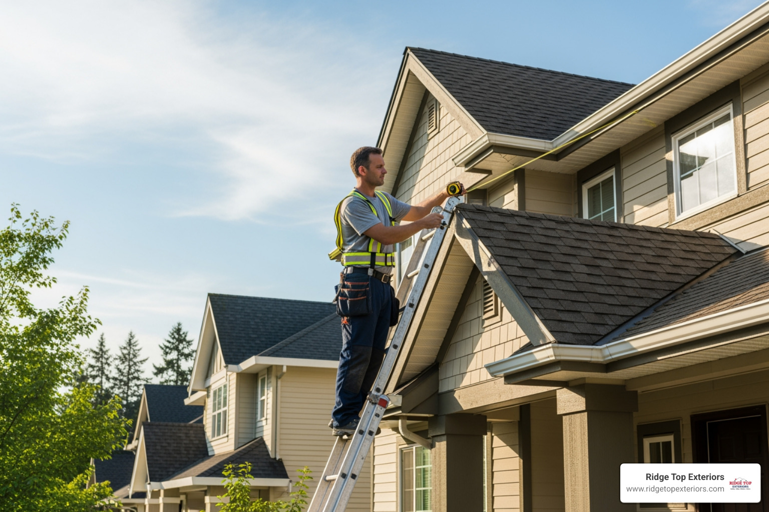 Ridge Top Exteriors professional measuring a roofline for a gutter installation estimate - Affordable gutter Madison WI Ridge Top Exteriors professional measuring a roofline for a gutter installation estimate - Affordable gutter Madison WI