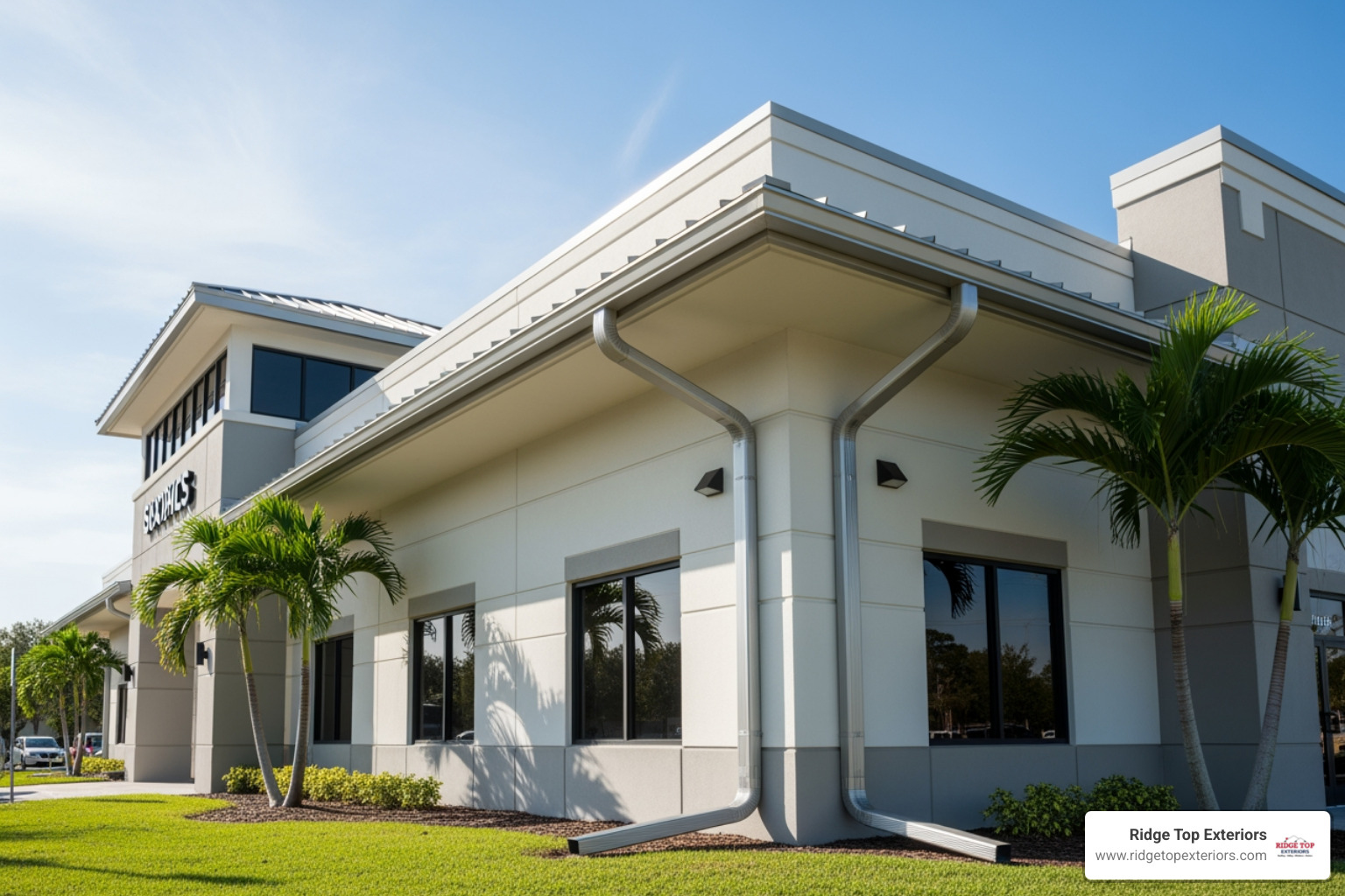 A commercial building in Clearwater FL with an efficient roof drainage system - Clearwater commercial roofing A commercial building in Clearwater FL with an efficient roof drainage system - Clearwater commercial roofing