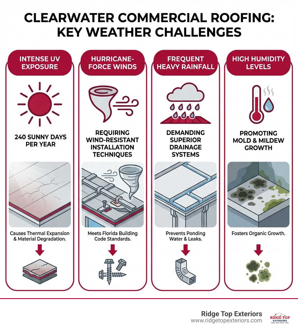 Infographic showing four key weather challenges for commercial roofs in Clearwater Florida: Intense UV exposure with 240 sunny days per year causing thermal expansion and material degradation, hurricane-force winds requiring wind-resistant installation techniques, frequent heavy rainfall demanding superior drainage systems, and high humidity levels promoting mold and mildew growth - Clearwater commercial roofing infographic Infographic showing four key weather challenges for commercial roofs in Clearwater Florida: Intense UV exposure with 240 sunny days per year causing thermal expansion and material degradation, hurricane-force winds requiring wind-resistant installation techniques, frequent heavy rainfall demanding superior drainage systems, and high humidity levels promoting mold and mildew growth - Clearwater commercial roofing infographic