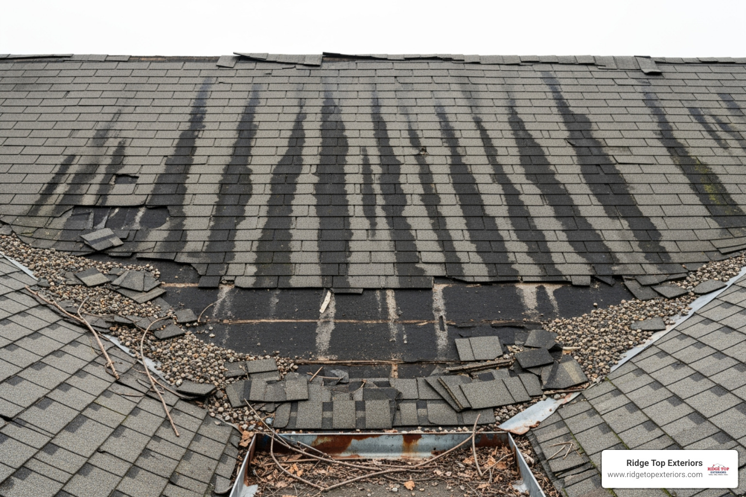 A damaged commercial roof showing cracked shingles and water stains - Clearwater commercial roofing A damaged commercial roof showing cracked shingles and water stains - Clearwater commercial roofing