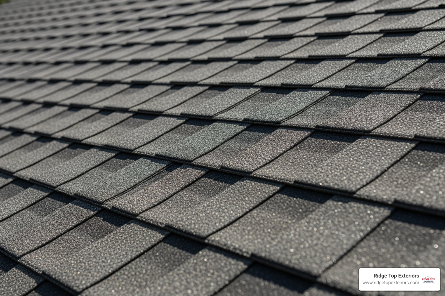 A close-up view of perfectly aligned GAF asphalt shingles on a residential roof, showcasing meticulous craftsmanship. - 5-star roofing reviews A close-up view of perfectly aligned GAF asphalt shingles on a residential roof, showcasing meticulous craftsmanship. - 5-star roofing reviews
