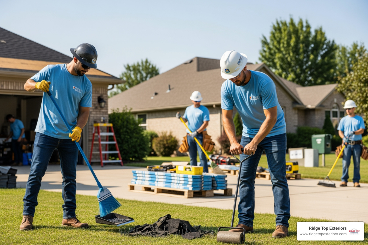A roofing crew meticulously cleaning a residential job site, sweeping up debris and using a magnetic roller to pick up nails. - 5-star roofing reviews A roofing crew meticulously cleaning a residential job site, sweeping up debris and using a magnetic roller to pick up nails. - 5-star roofing reviews