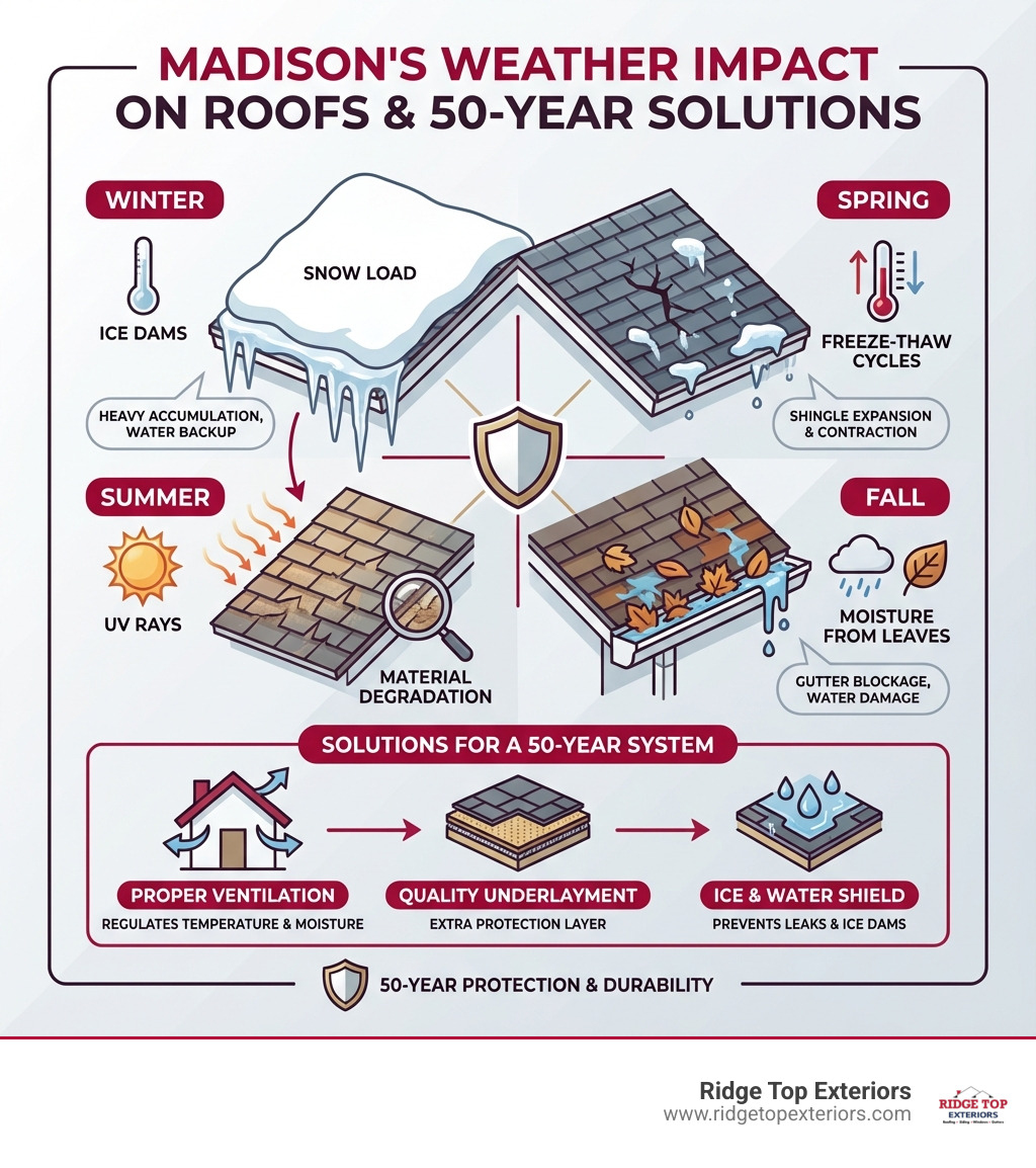 Infographic showing Madison's weather impact on roofs: winter snow load and ice dams, spring freeze-thaw cycles causing shingle expansion, summer UV rays degrading materials, fall moisture from leaves in gutters, with icons showing proper ventilation, quality underlayment, and ice & water shield as solutions - 50 year roof Madison infographic 