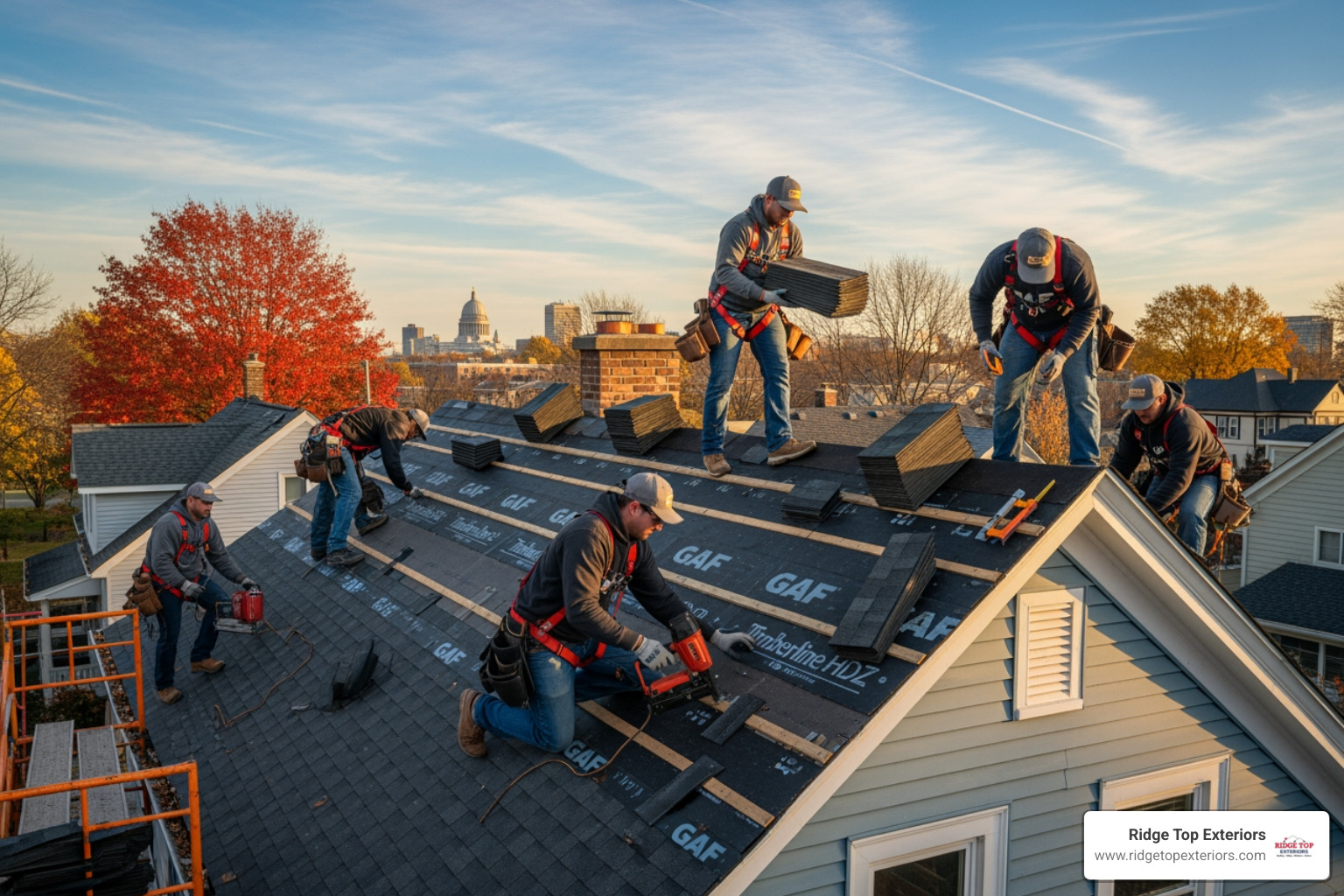 Roofing crew installing a GAF roofing system on a Madison home - 50 year roof Madison