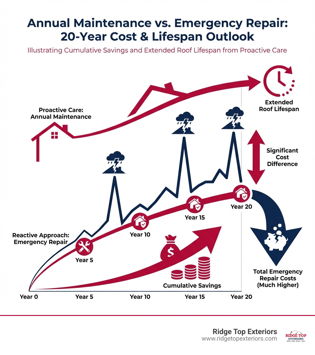 infographic showing annual maintenance cost vs emergency repair cost over 20 years, with Ridge Top Exteriors colors white, #B20839, and #0D224B, illustrating cumulative savings and extended roof lifespan from proactive care - Roof Maintenance Services infographic 
