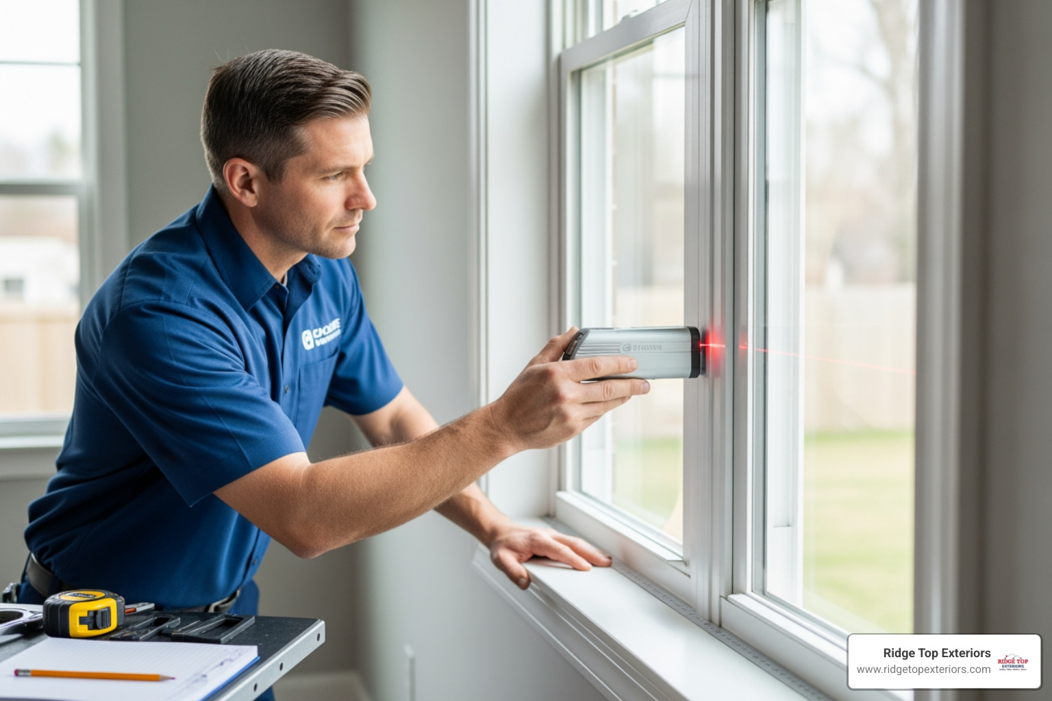 professional installer measuring a window frame - replacement windows appleton wi reviews