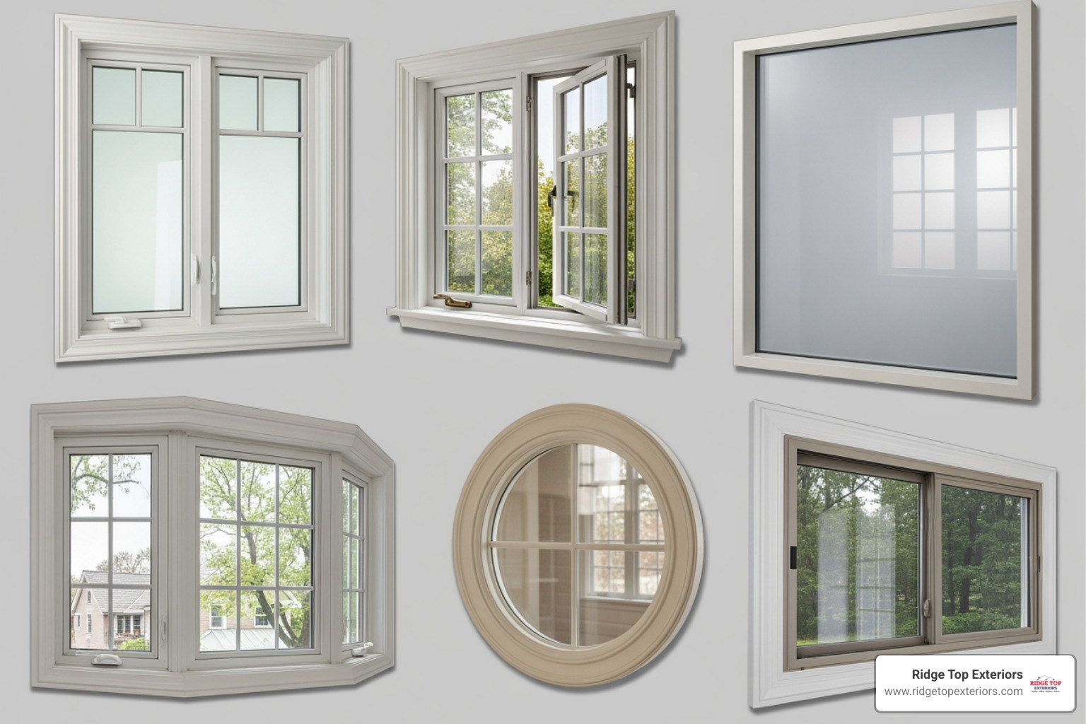 Collage of different window styles including double-hung, casement, and picture windows - Window Replacement Milwaukee