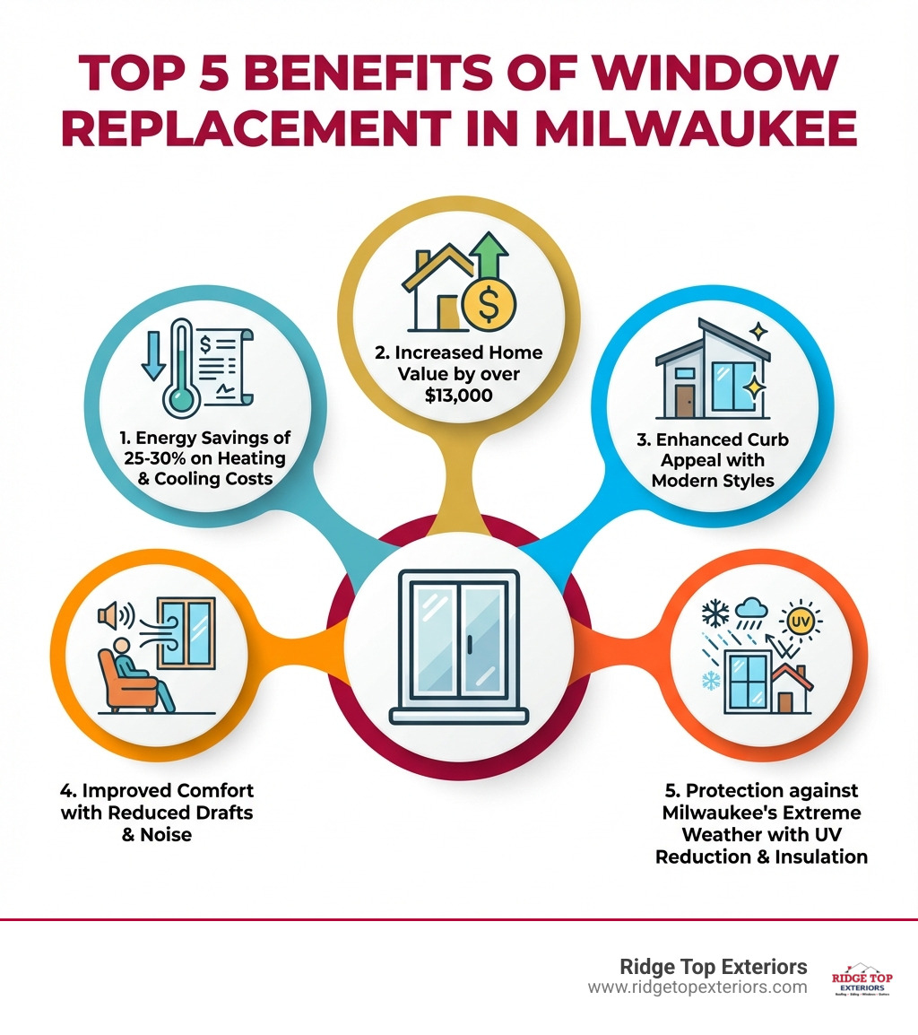 Infographic showing the top 5 benefits of window replacement in Milwaukee: 1. Energy savings of 25-30% on heating and cooling costs, 2. Increased home value by over $13,000, 3. Enhanced curb appeal with modern styles, 4. Improved comfort with reduced drafts and noise, 5. Protection against Milwaukee's extreme weather with UV reduction and insulation - Window Replacement Milwaukee infographic 