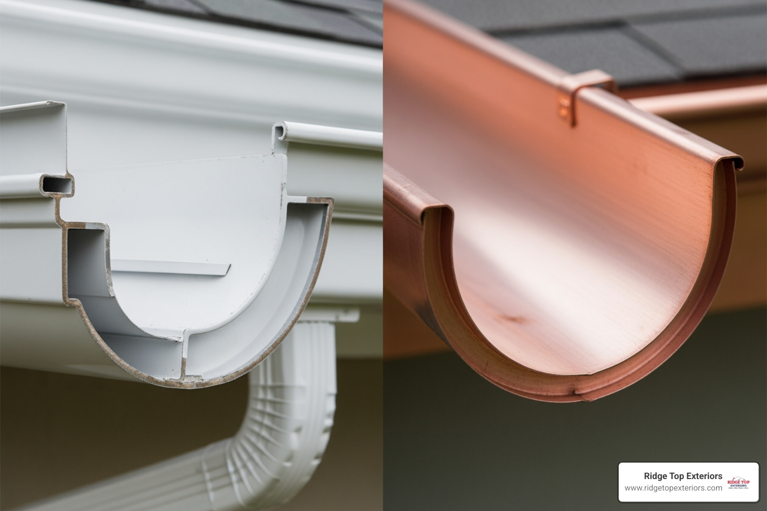 Close-up of a K-style gutter and a half-round gutter, showing their distinct profiles. - Aluminum gutters Milwaukee