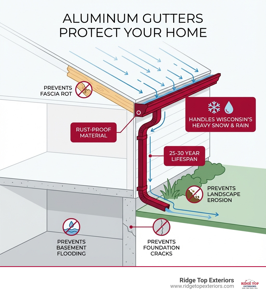 Infographic showing how aluminum gutters protect a home: water flows from roof through gutters and downspouts away from foundation, preventing basement flooding, foundation cracks, fascia rot, and landscape erosion. Includes callouts for key benefits like rust-proof material, 25-30 year lifespan, and ability to handle Wisconsin's heavy snow and rain. - Aluminum gutters Milwaukee infographic 