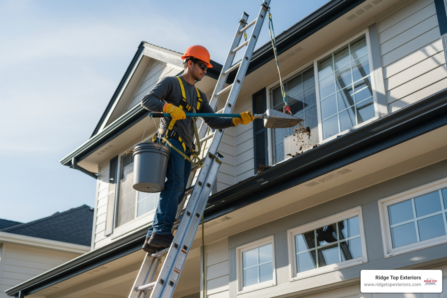 A professional safely cleaning gutters on a two-story home using appropriate safety equipment. - Aluminum gutters Milwaukee