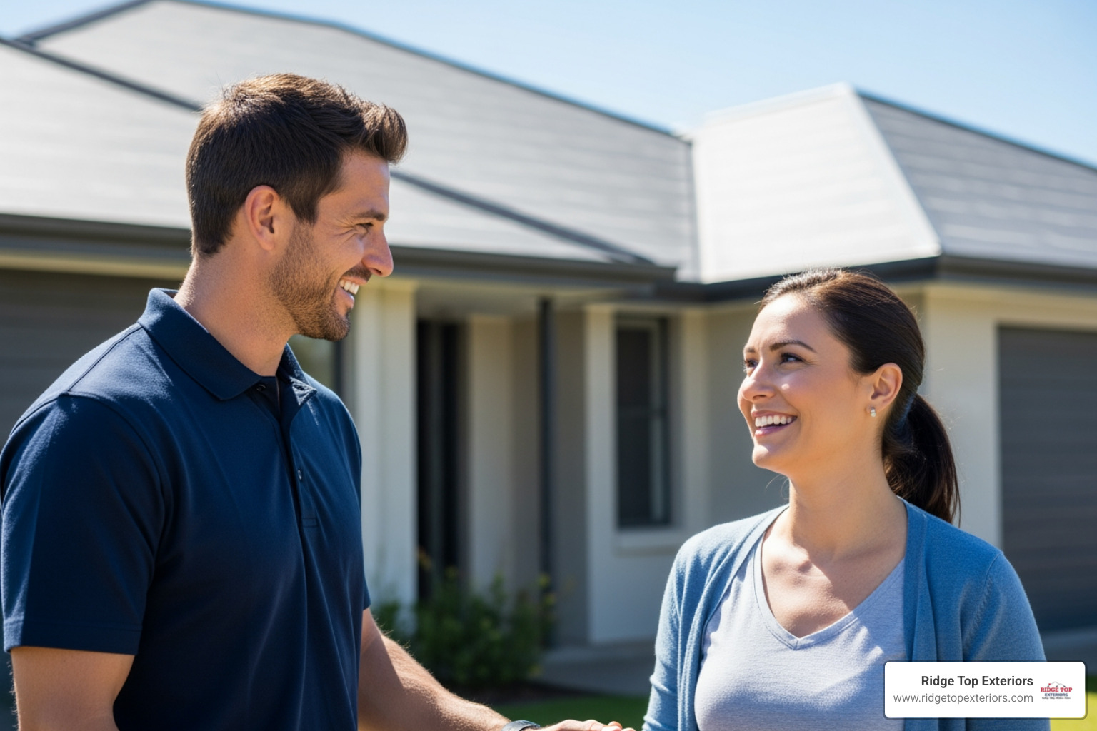 contractor talking with a happy homeowner - local roofing gurnee