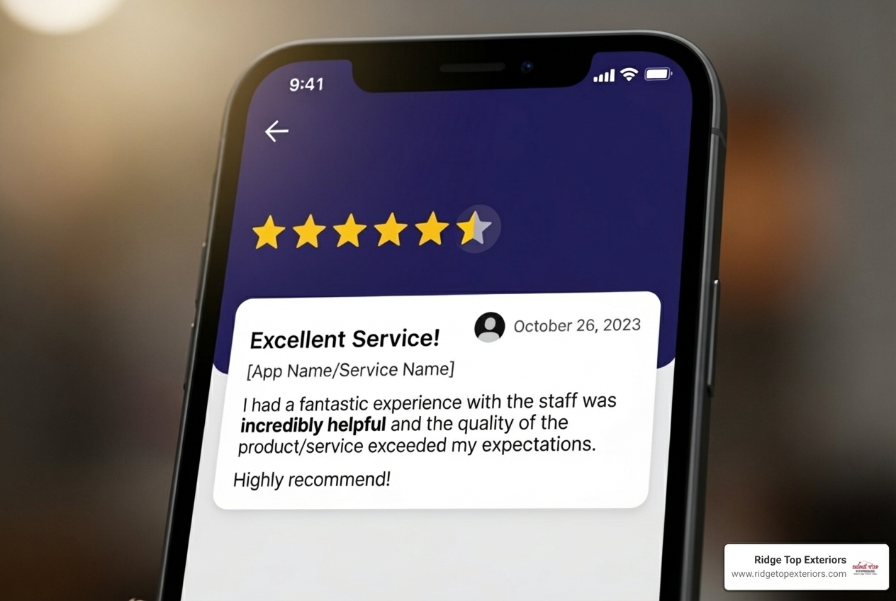 5-star review on a phone screen - local roofing gurnee