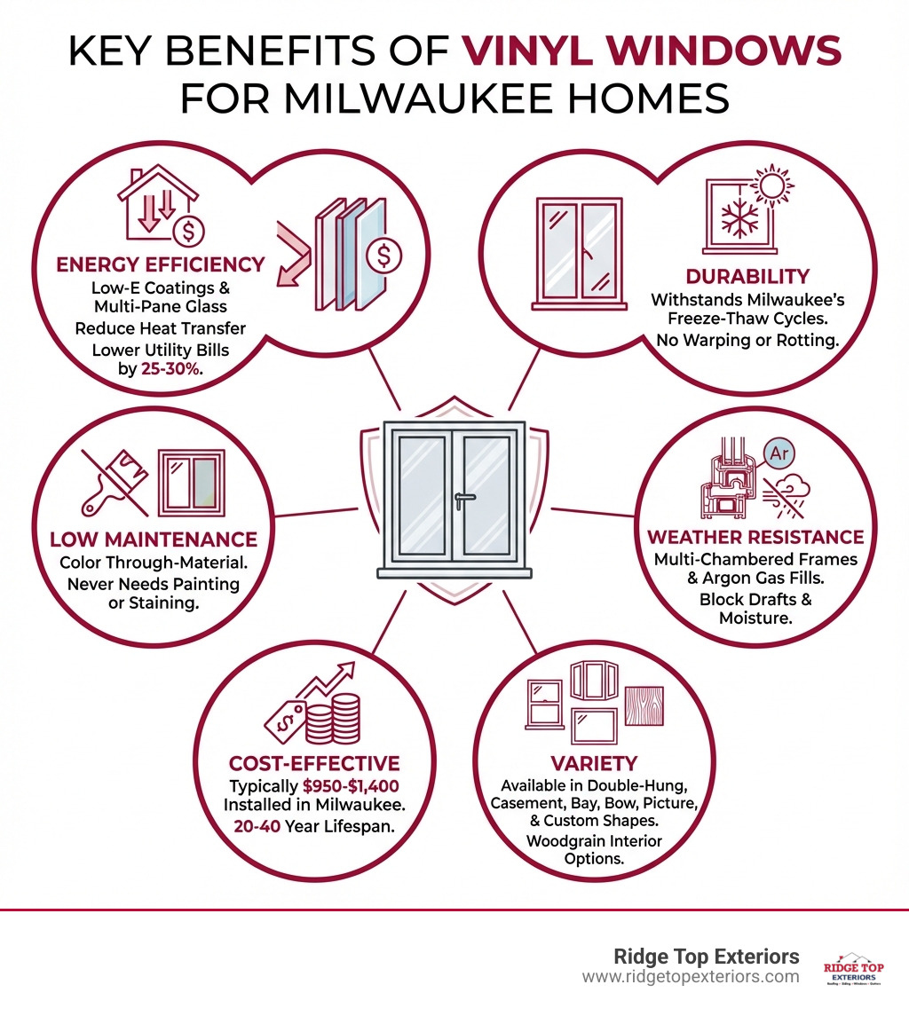 Infographic showing the key benefits of vinyl windows: 1) Energy Efficiency - Low-E coatings and multi-pane glass reduce heat transfer, lowering utility bills by 25-30%; 2) Durability - Withstands Milwaukee's freeze-thaw cycles without warping or rotting; 3) Low Maintenance - Color goes through the material, never needs painting or staining; 4) Weather Resistance - Multi-chambered frames and argon gas fills block drafts and moisture; 5) Cost-Effective - Typically $950-$1,400 installed in Milwaukee, with 20-40 year lifespan; 6) Variety - Available in double-hung, casement, bay, bow, picture, and custom shapes with woodgrain interior options - Vinyl windows Milwaukee WI infographic 