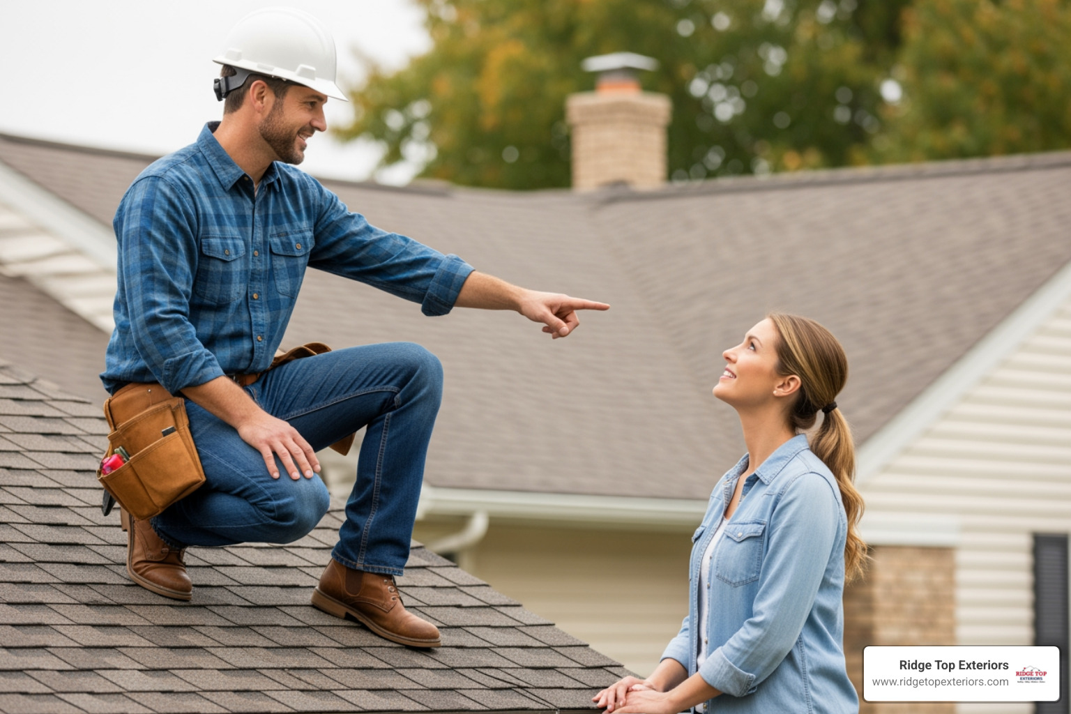 Friendly contractor inspecting roof with homeowner - roof contractor Wauwatosa