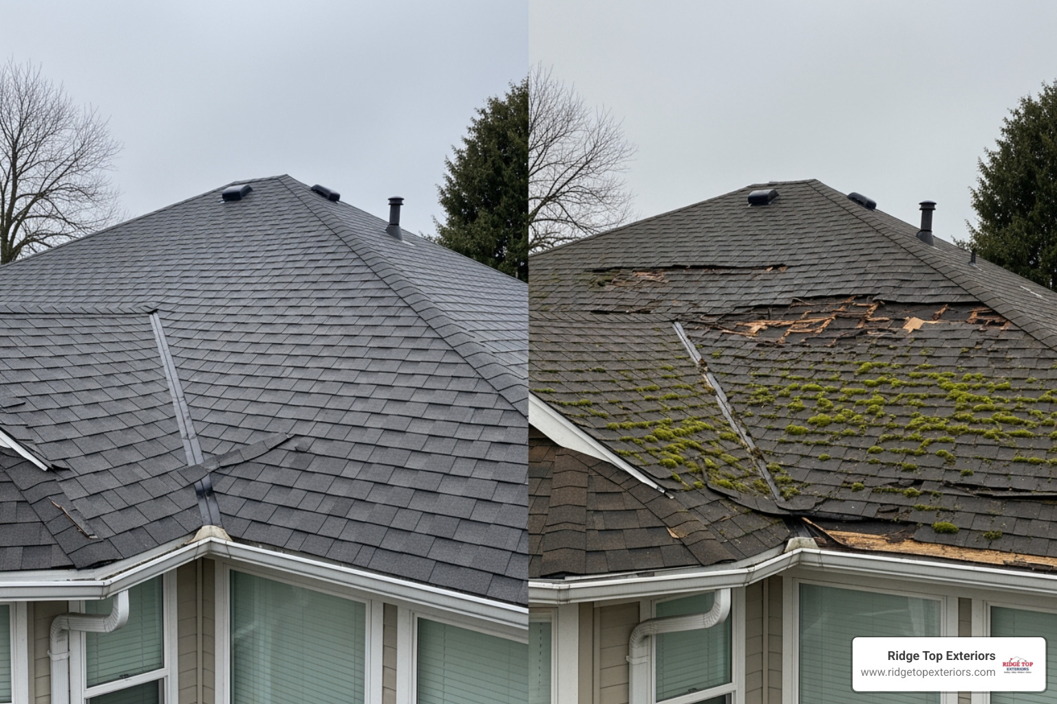 Side-by-side comparison of a roof needing minor repair versus one needing full replacement - roof contractor Wauwatosa