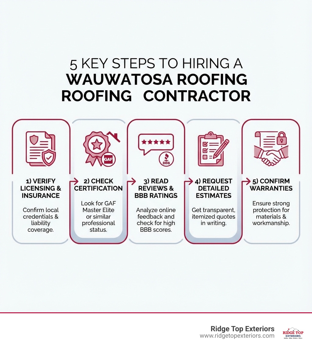 Infographic showing 5 key steps to hiring a roofing contractor in Wauwatosa: 1) Verify local licensing and insurance, 2) Check for GAF Master Elite or similar certification, 3) Read online reviews and BBB ratings, 4) Request detailed written estimates, 5) Confirm strong material and workmanship warranties - roof contractor Wauwatosa infographic 
