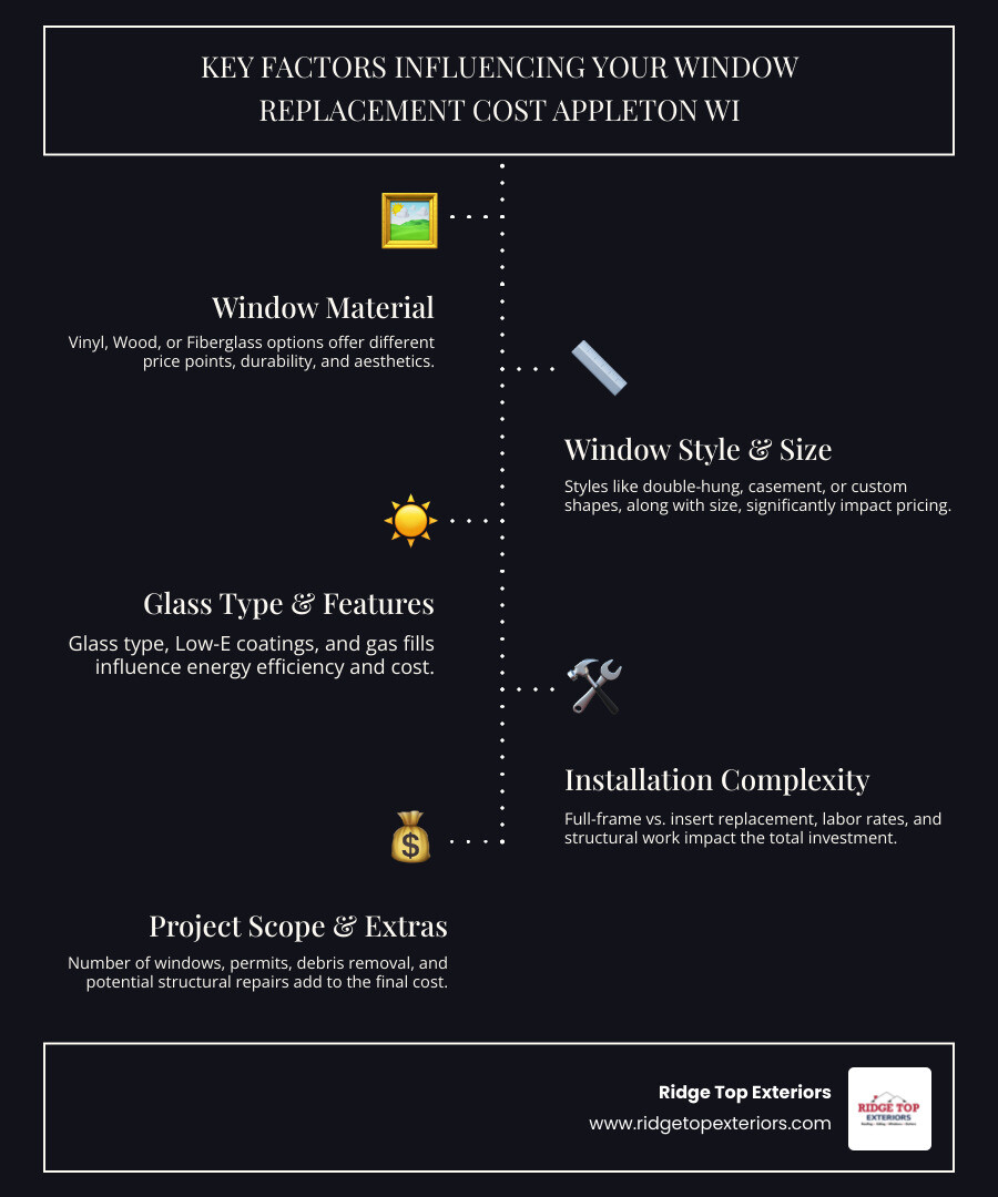 infographic showing window replacement cost factors in Appleton WI including material type, installation method, window style, glass options, and labor costs with price ranges for each category - window replacement cost appleton wi infographic infographic-line-5-steps-dark