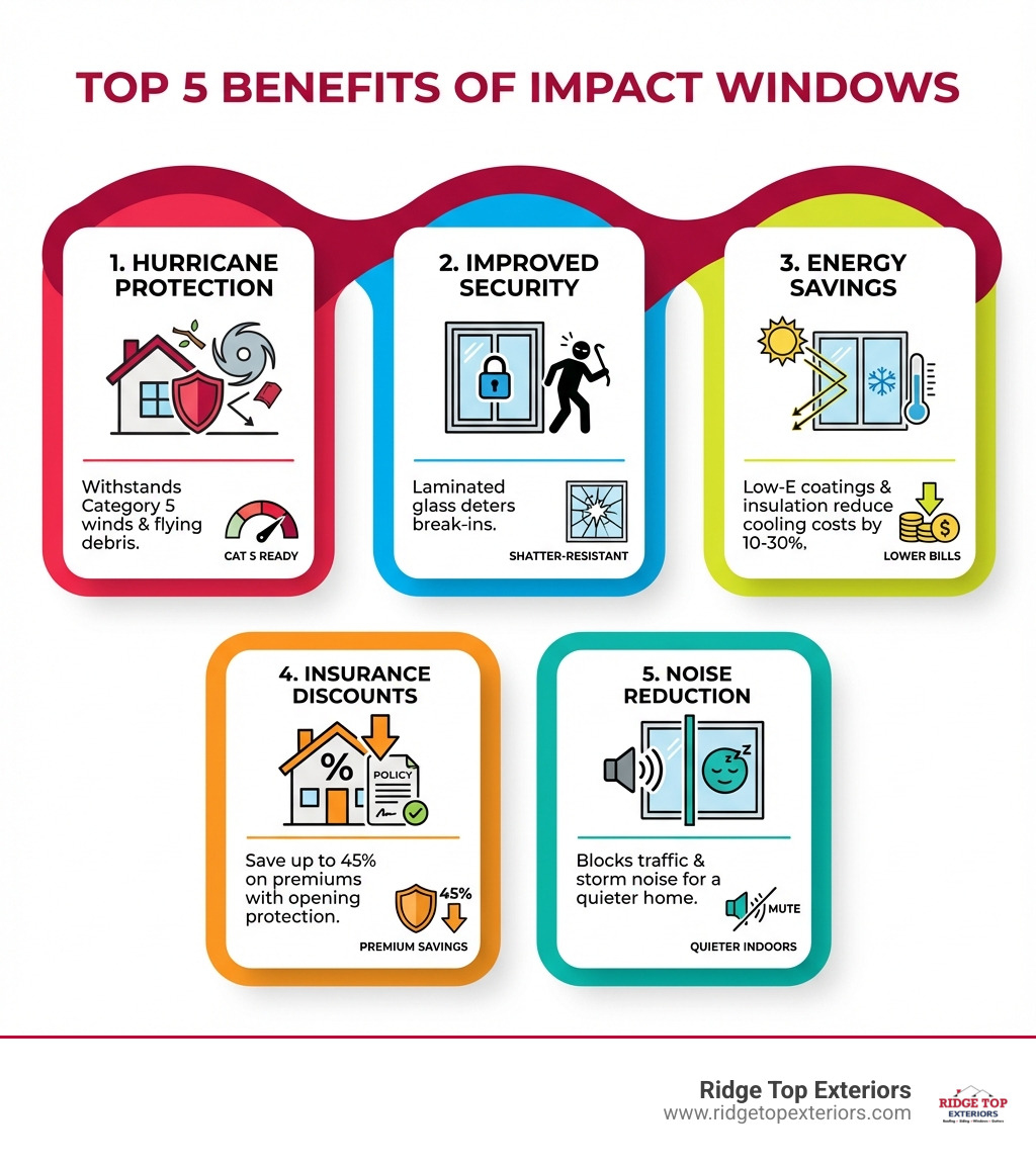 infographic showing top 5 benefits of impact windows - Affordable impact windows Tampa infographic 