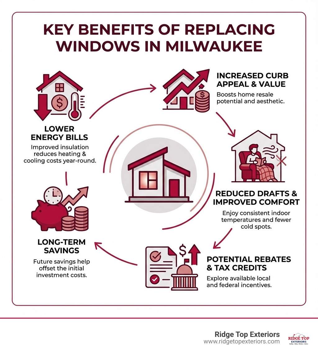 Infographic showing the key benefits of replacing windows in Milwaukee: lower energy bills through improved insulation, increased curb appeal and home resale value, reduced drafts and improved comfort, potential rebates and tax credits, and long-term savings that offset initial investment costs - Affordable windows Milwaukee infographic 