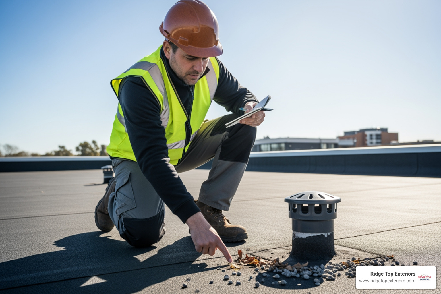 A professional roofing inspector, wearing safety gear, carefully examining the surface of a flat EPDM roof for any signs of wear, damage, or debris. The inspector is kneeling and pointing at a specific area, indicating a thorough check. - EPDM roof installation Milwaukee