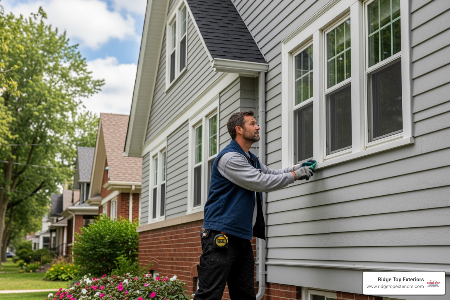 Contractor inspecting siding on a Milwaukee home - Hardie board Milwaukee WI Contractor inspecting siding on a Milwaukee home - Hardie board Milwaukee WI