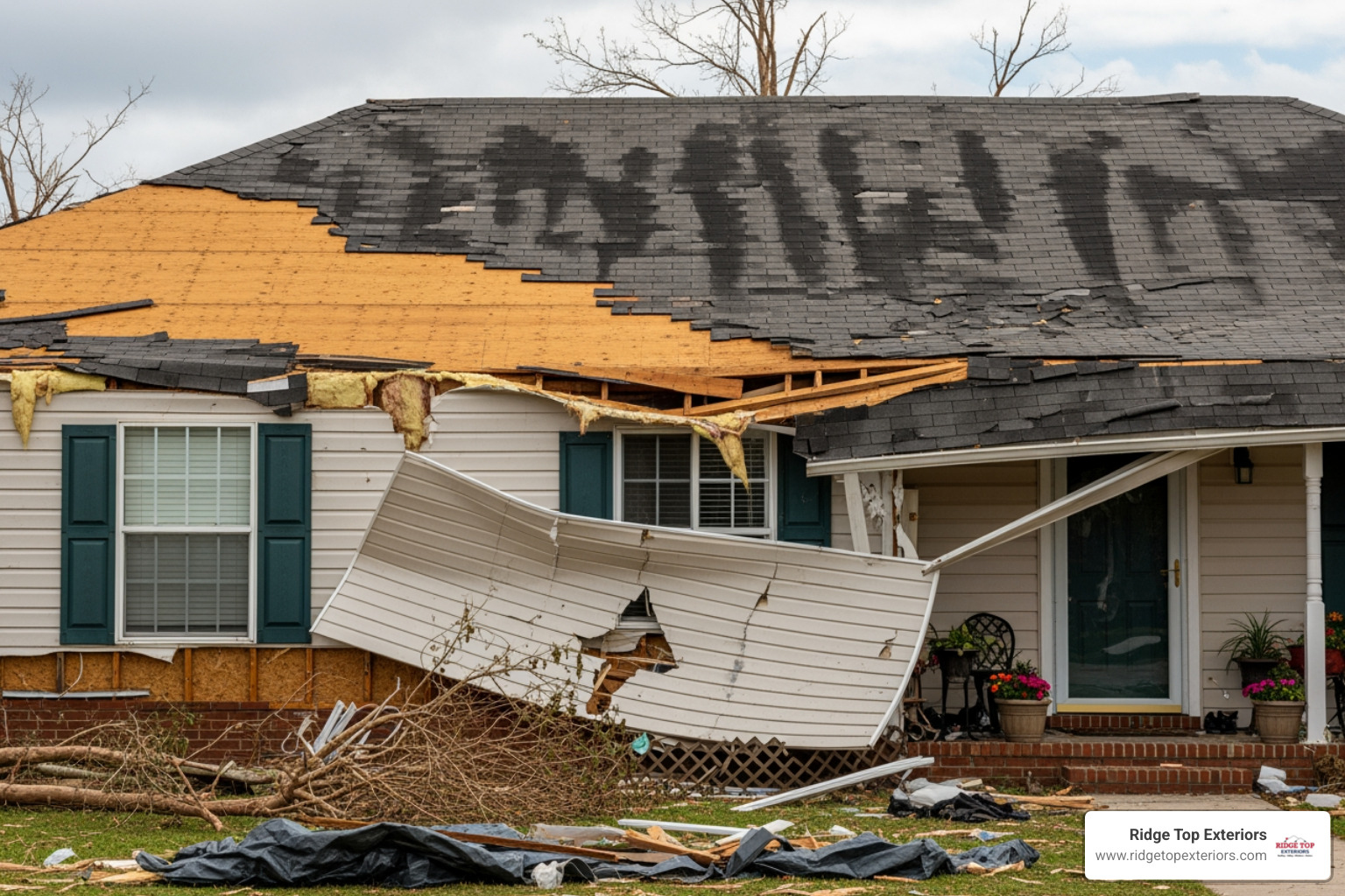 of a home with visible roof and siding damage after a hurricane - Oldsmar storm damage of a home with visible roof and siding damage after a hurricane - Oldsmar storm damage