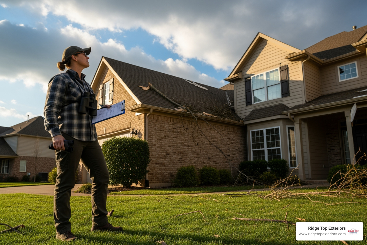 a homeowner safely inspecting their home's exterior from the ground after a storm - hail damage roofing Madison