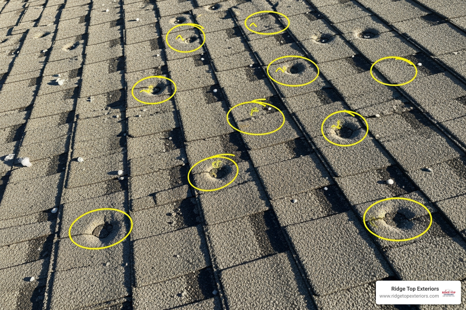 a close-up of hail-damaged GAF asphalt shingles with circles highlighting the impacts - hail damage roofing Madison