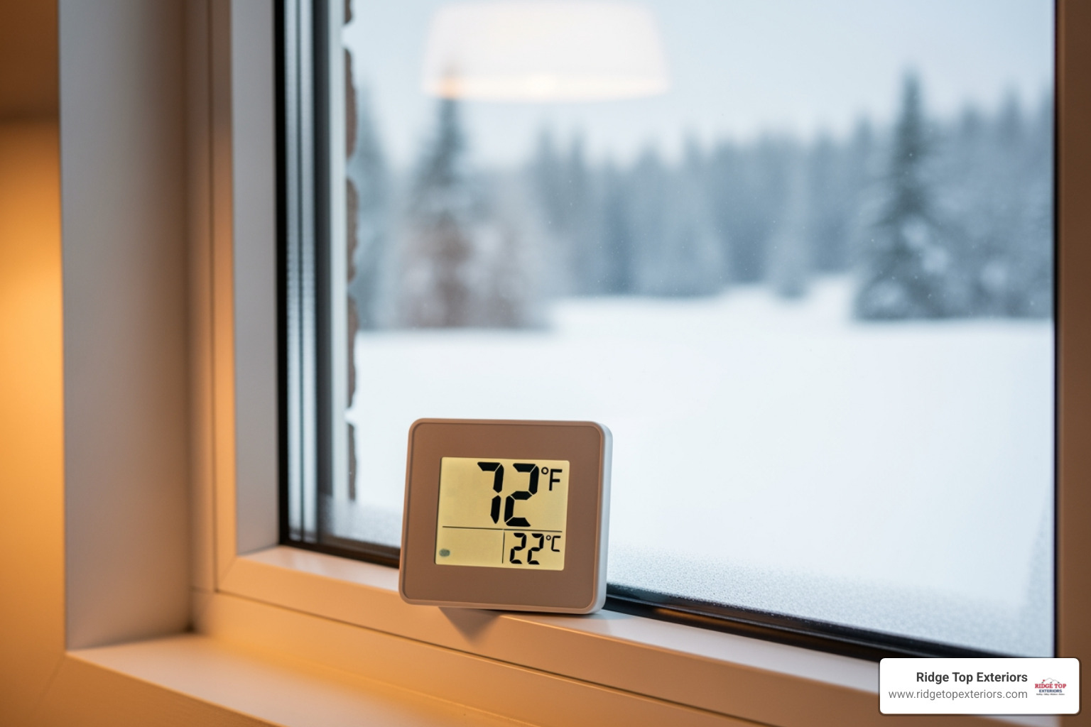 A thermometer showing a comfortable indoor temperature next to a new window, with snow outside. - replacement windows appleton