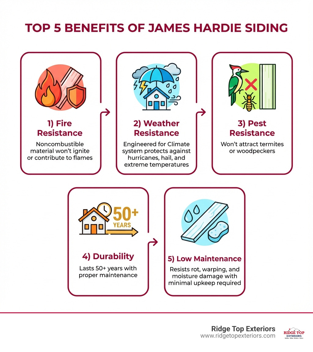 Infographic showing the top 5 benefits of James Hardie siding: 1) Fire Resistance - Noncombustible material won't ignite or contribute to flames; 2) Weather Resistance - Engineered for Climate system protects against hurricanes, hail, and extreme temperatures; 3) Pest Resistance - Won't attract termites or woodpeckers; 4) Durability - Lasts 50+ years with proper maintenance; 5) Low Maintenance - Resists rot, warping, and moisture damage with minimal upkeep required - Hardie siding near me infographic Infographic showing the top 5 benefits of James Hardie siding: 1) Fire Resistance - Noncombustible material won't ignite or contribute to flames; 2) Weather Resistance - Engineered for Climate system protects against hurricanes, hail, and extreme temperatures; 3) Pest Resistance - Won't attract termites or woodpeckers; 4) Durability - Lasts 50+ years with proper maintenance; 5) Low Maintenance - Resists rot, warping, and moisture damage with minimal upkeep required - Hardie siding near me infographic