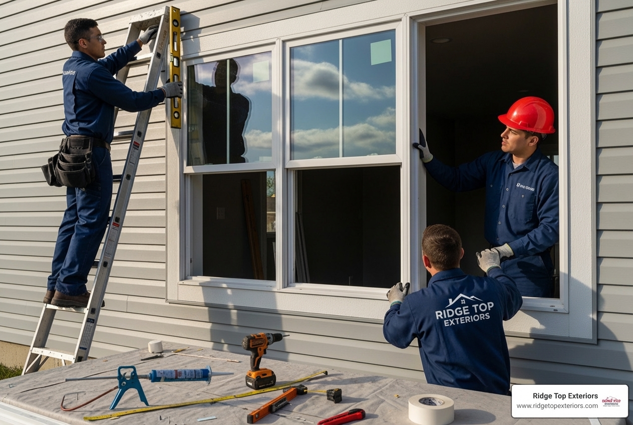 Professional window installation team carefully fitting a new double-hung window into a home's opening, with tools and protective coverings visible. - Double hung windows Madison Professional window installation team carefully fitting a new double-hung window into a home's opening, with tools and protective coverings visible. - Double hung windows Madison