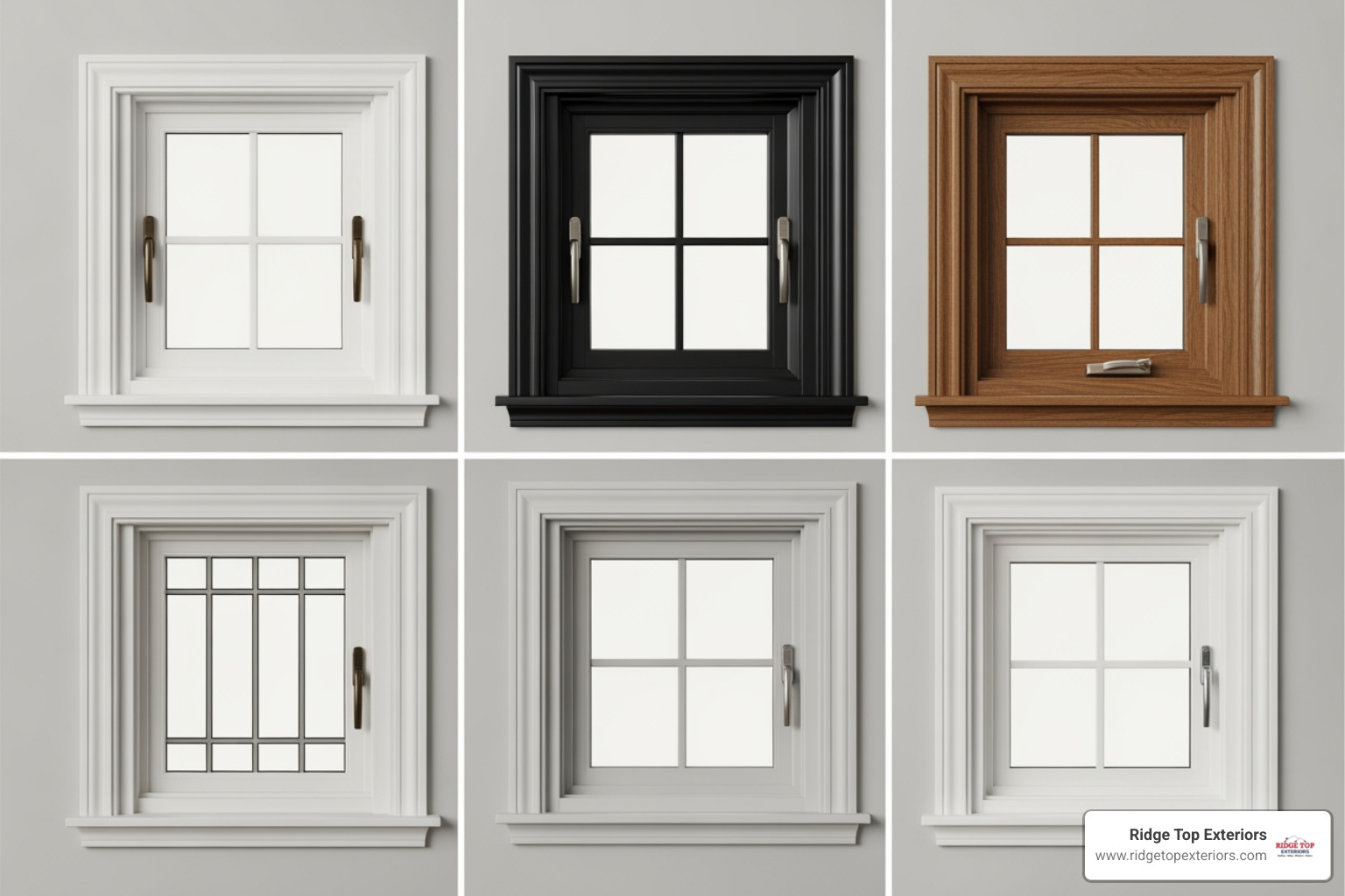 Various window customization options, including different frame colors (white, black, wood grain), hardware styles (bronze, brushed nickel, chrome), and grille patterns (colonial, prairie, grid), all in a clean, modern design. - Double hung windows Madison Various window customization options, including different frame colors (white, black, wood grain), hardware styles (bronze, brushed nickel, chrome), and grille patterns (colonial, prairie, grid), all in a clean, modern design. - Double hung windows Madison