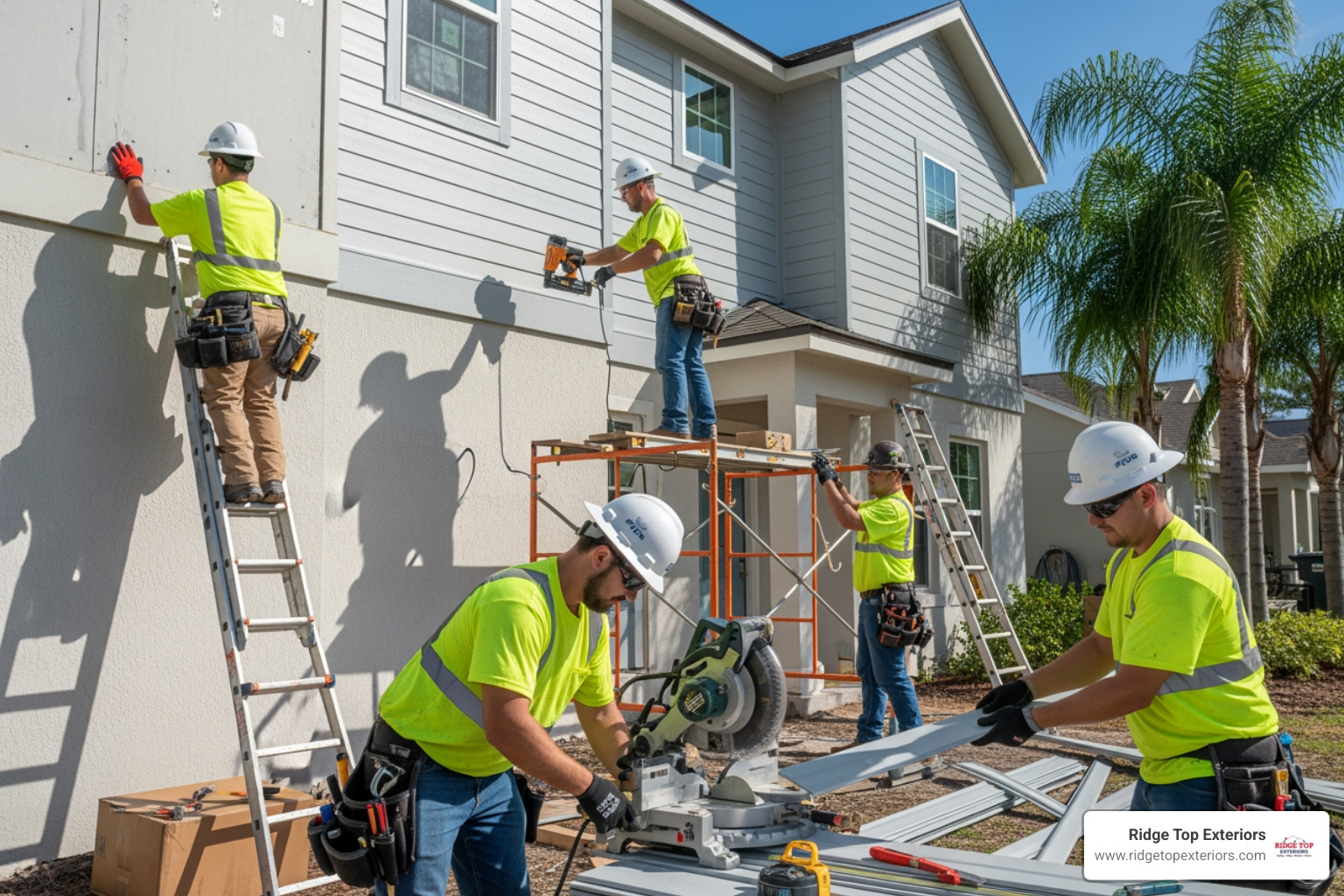 team of professional siding installers working on a Tampa home - House siding Tampa