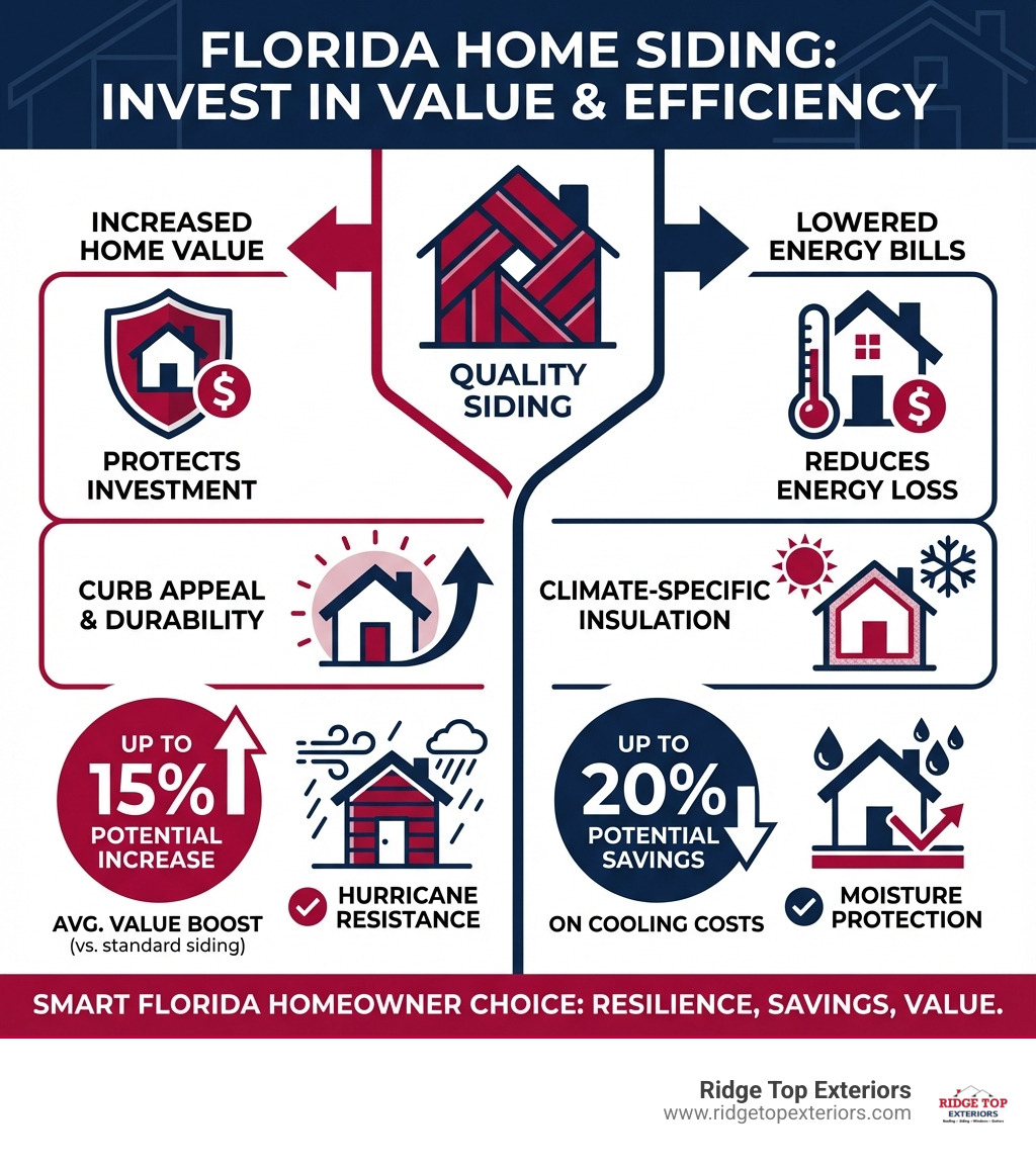 Infographic showing how quality siding increases home value and lowers energy bills in Florida, featuring icons for hurricane resistance, moisture protection, energy savings percentages, and average home value increase, using white, #B20839, and #0D224B color scheme - House siding Tampa infographic 