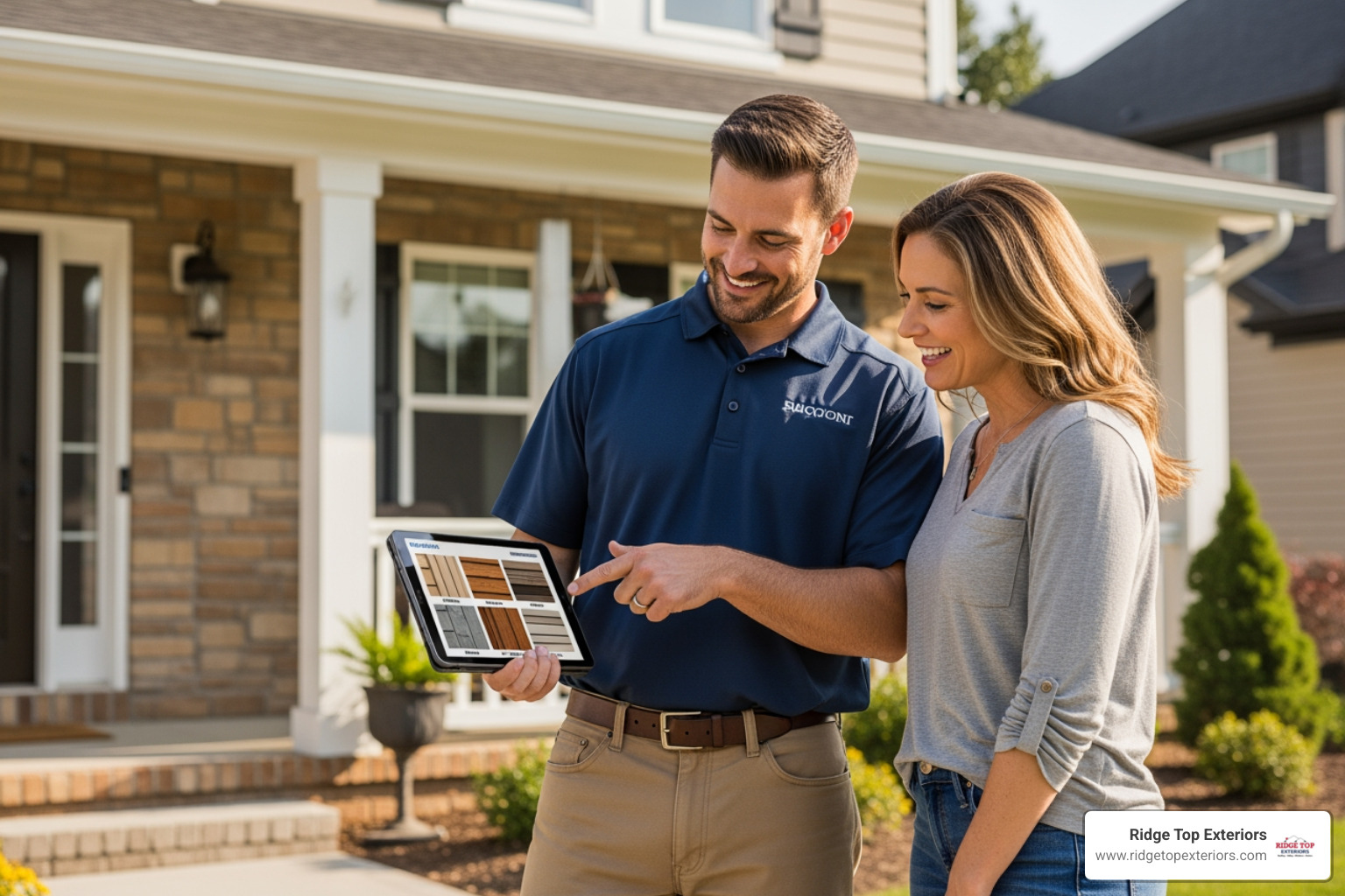 Contractor and homeowner discussing siding options on a tablet - Hardie siding estimate