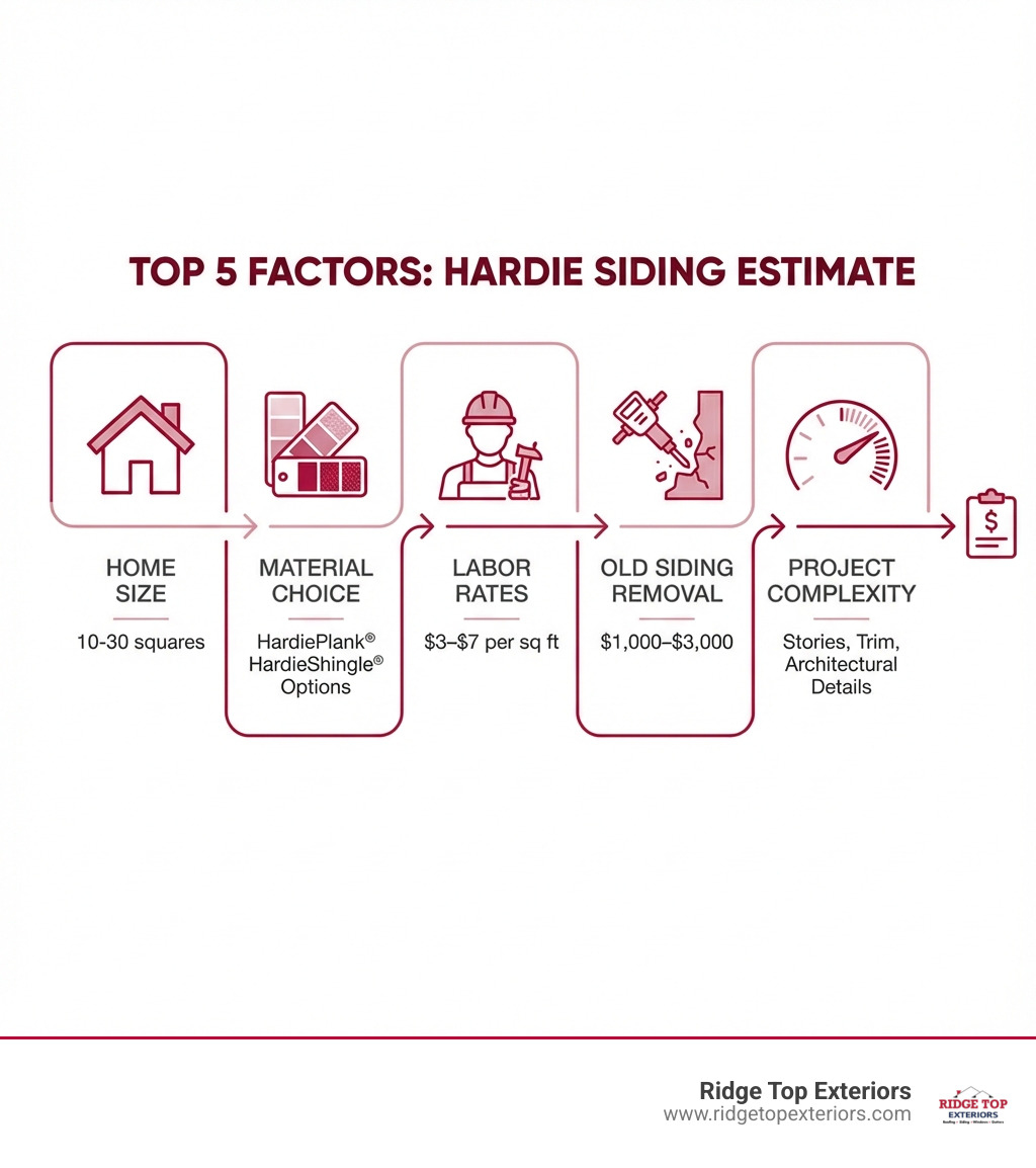 Infographic showing the top 5 factors that influence a Hardie siding estimate: a house icon with "Home Size" labeled 10-30 squares, a paint swatch for "Material Choice" showing HardiePlank and HardieShingle options, a worker icon for "Labor Rates" at $3-7 per sq ft, a demolition icon for "Old Siding Removal" at $1,000-3,000, and a complexity meter showing "Project Complexity" with factors like stories, trim, and architectural details - Hardie siding estimate infographic 
