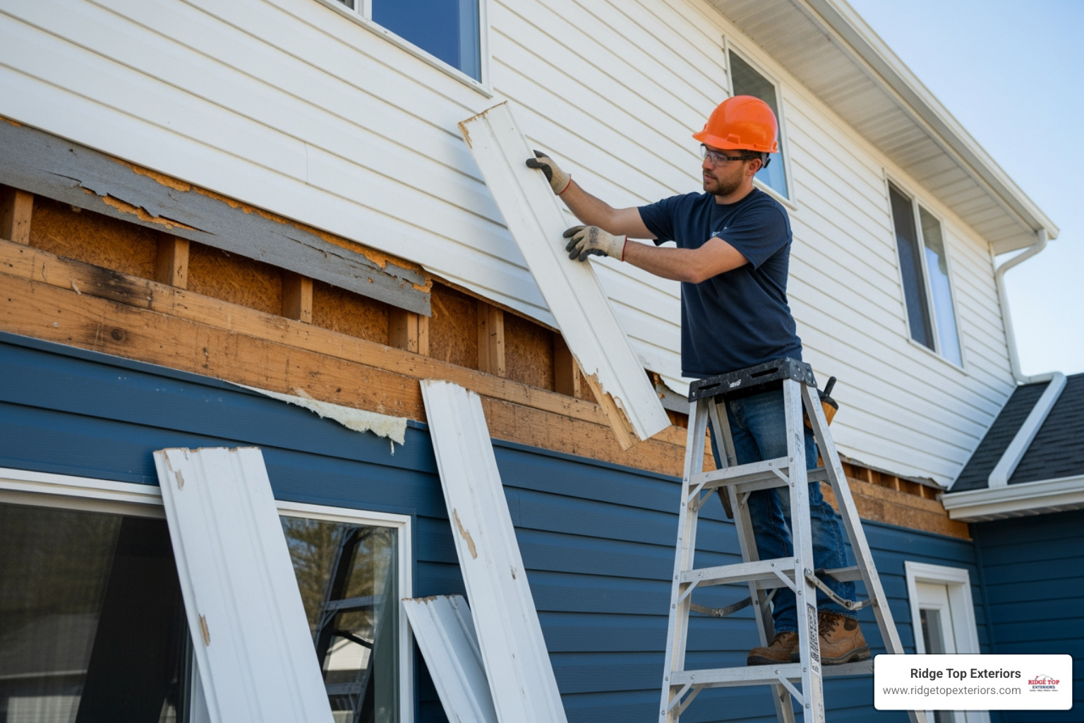 Old, damaged siding being carefully removed from a house by a professional - Hardie siding estimate