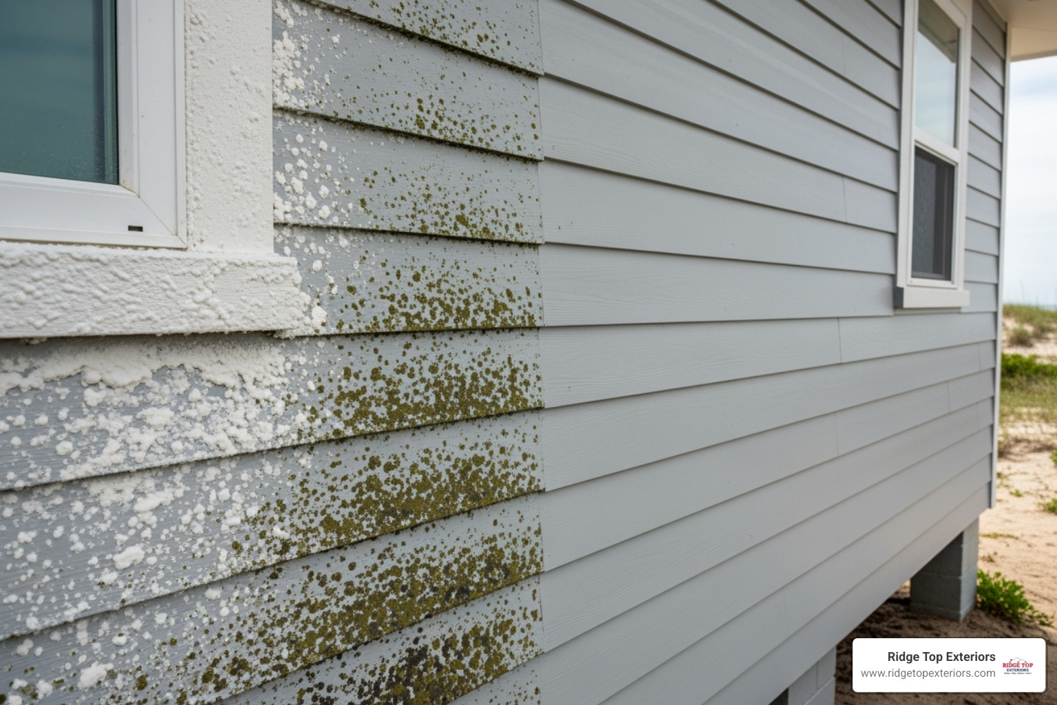 Siding with salt spray and mildew contrasted with a clean section - Clearwater FL home siding