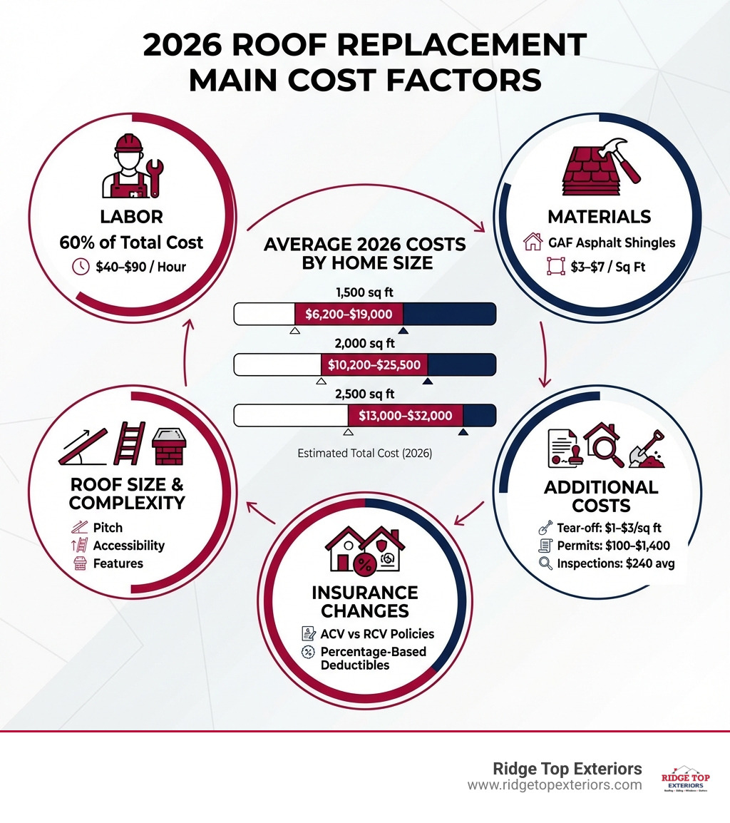 Infographic showing the main cost factors for 2026 roof replacement: Labor (60% of total cost, $40-$90/hour), Materials (GAF asphalt shingles $3-$7/sq ft), Roof Size & Complexity (pitch, accessibility, features), Additional Costs (tear-off $1-$3/sq ft, permits $100-$1,400, inspections $240 average), and Insurance Changes (ACV vs RCV policies, percentage-based deductibles). Center shows average 2026 costs by home size with color-coded bars in Ridge Top white, burgundy #B20839, and navy #0D224B. - new roof cost 2026 infographic Infographic showing the main cost factors for 2026 roof replacement: Labor (60% of total cost, $40-$90/hour), Materials (GAF asphalt shingles $3-$7/sq ft), Roof Size & Complexity (pitch, accessibility, features), Additional Costs (tear-off $1-$3/sq ft, permits $100-$1,400, inspections $240 average), and Insurance Changes (ACV vs RCV policies, percentage-based deductibles). Center shows average 2026 costs by home size with color-coded bars in Ridge Top white, burgundy #B20839, and navy #0D224B. - new roof cost 2026 infographic