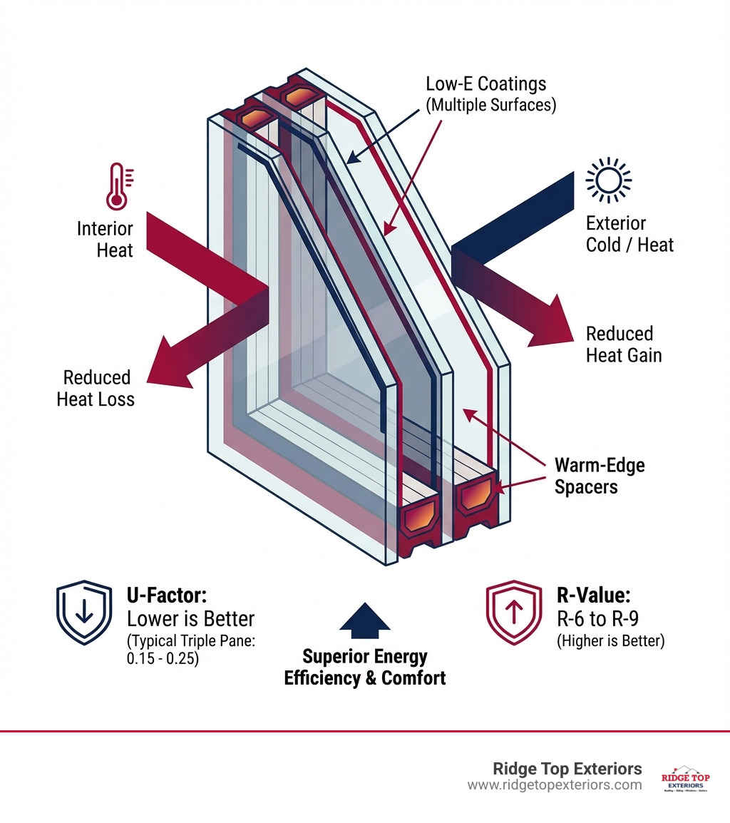 Detailed infographic showing the cross-section anatomy of a triple pane window with three glass layers, two gas-filled chambers with argon gas, Low-E coatings on multiple surfaces, warm-edge spacers, and arrows indicating reduced heat transfer compared to double pane windows. Include labels for each component and energy efficiency ratings (U-Factor and R-Value). Use Ridge Top Exteriors colors: white background with burgundy #B20839 and navy #0D224B accents. - triple pane windows infographic Detailed infographic showing the cross-section anatomy of a triple pane window with three glass layers, two gas-filled chambers with argon gas, Low-E coatings on multiple surfaces, warm-edge spacers, and arrows indicating reduced heat transfer compared to double pane windows. Include labels for each component and energy efficiency ratings (U-Factor and R-Value). Use Ridge Top Exteriors colors: white background with burgundy #B20839 and navy #0D224B accents. - triple pane windows infographic